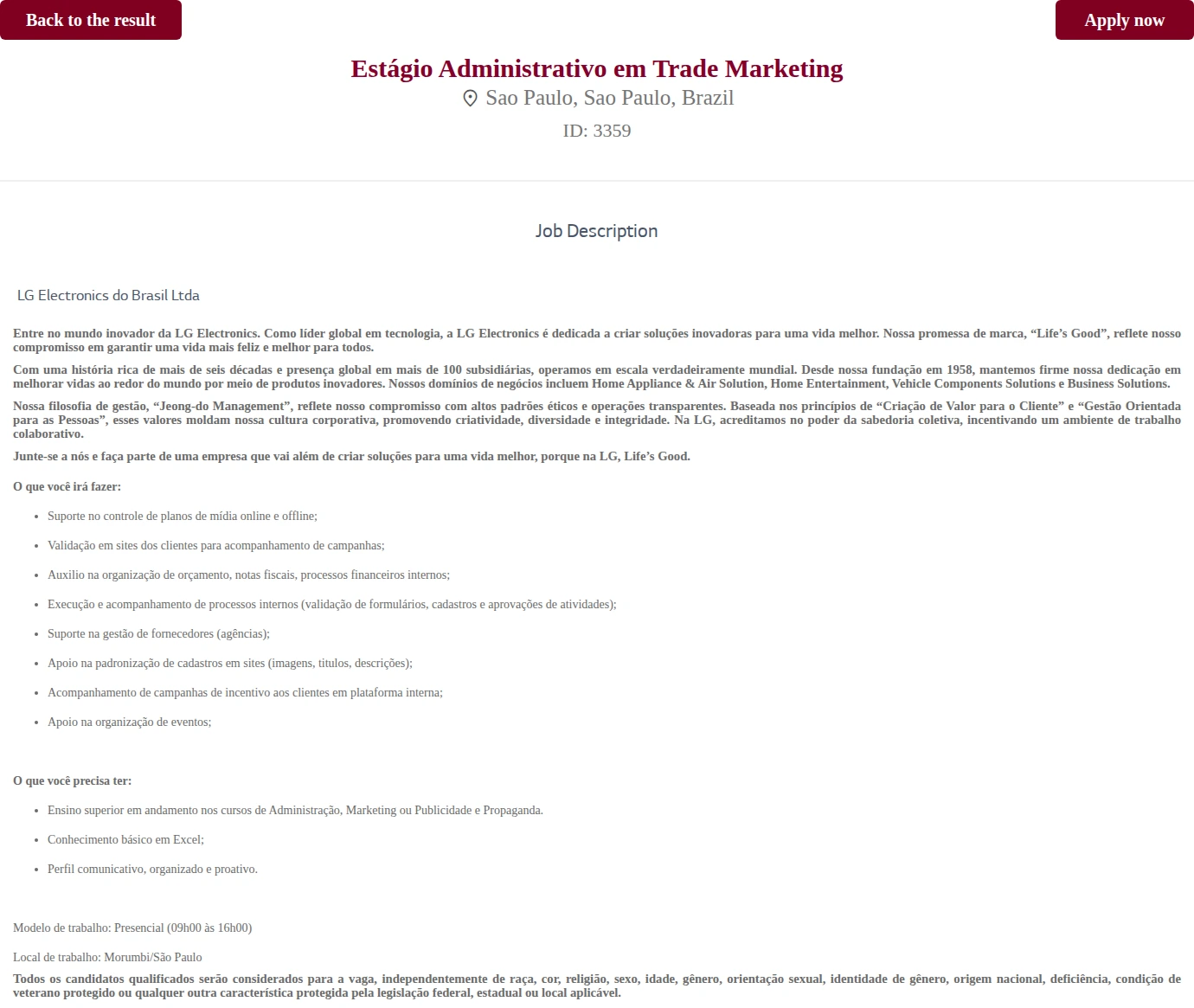 LG전자 Estágio Administrativo em Trade Marketing 채용공고