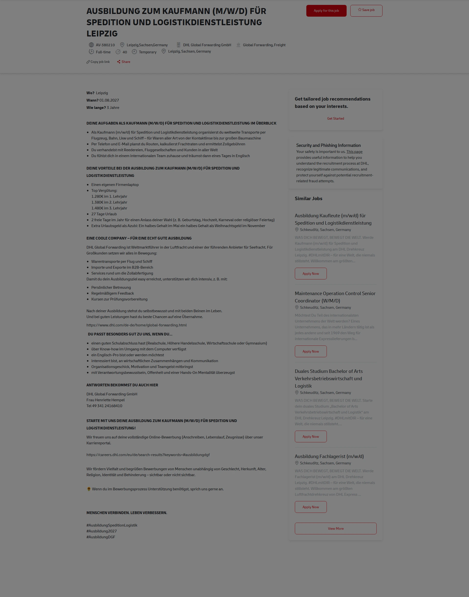 DHL AUSBILDUNG ZUM KAUFMANN (M/W/D) FÜR SPEDITION UND LOGISTIKDIENSTLEISTUNG LEIPZIG 채용공고