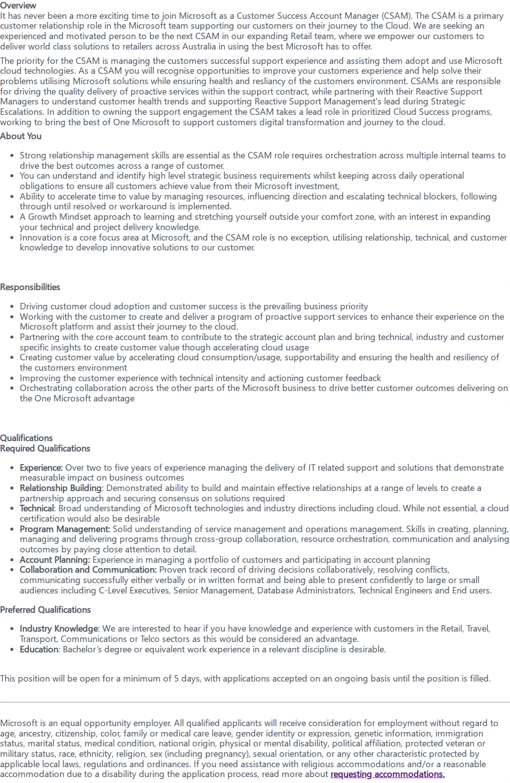 마이크로소프트(Microsoft) Customer Success Account Manager 채용공고