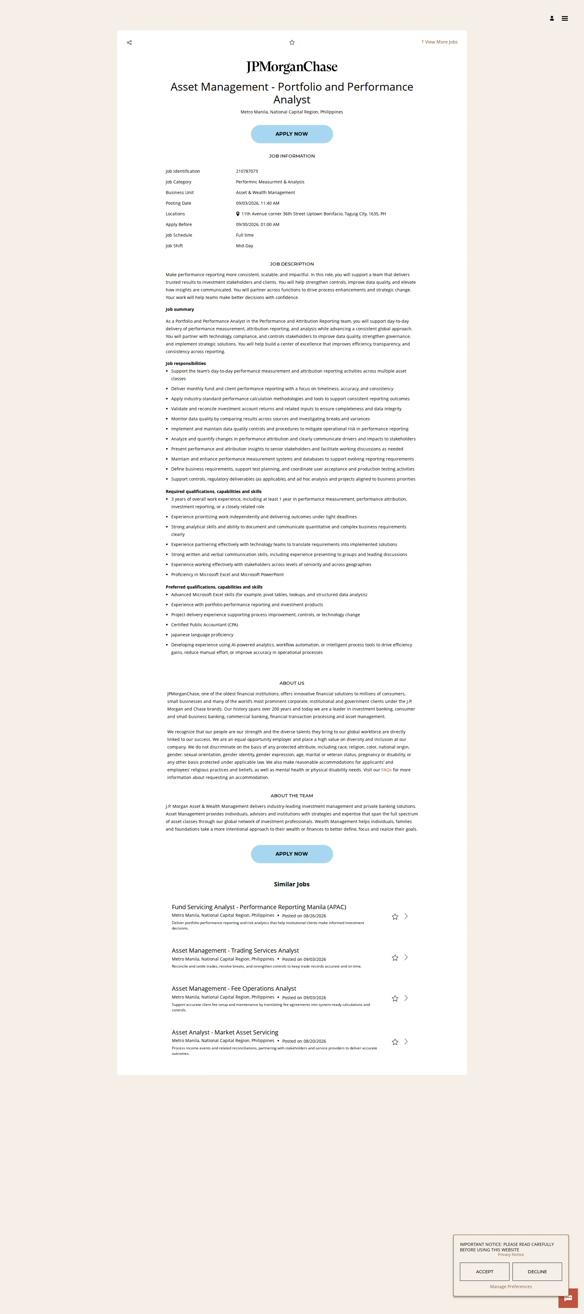 JPMorganChase Asset Management - Portfolio and Performance Analyst 채용공고