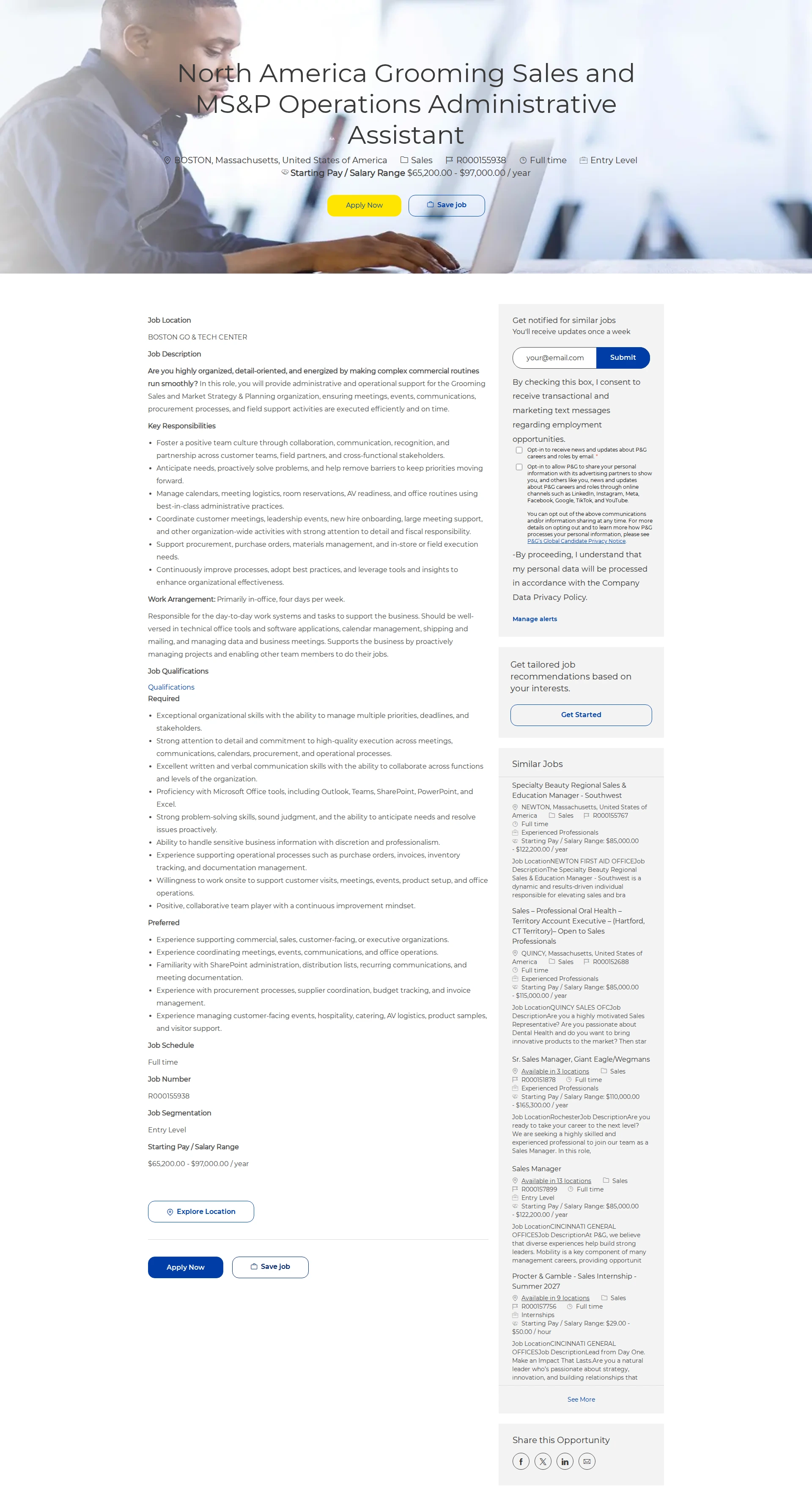 P&G North America Grooming Sales and MS&P Operations Administrative Assistant 채용공고