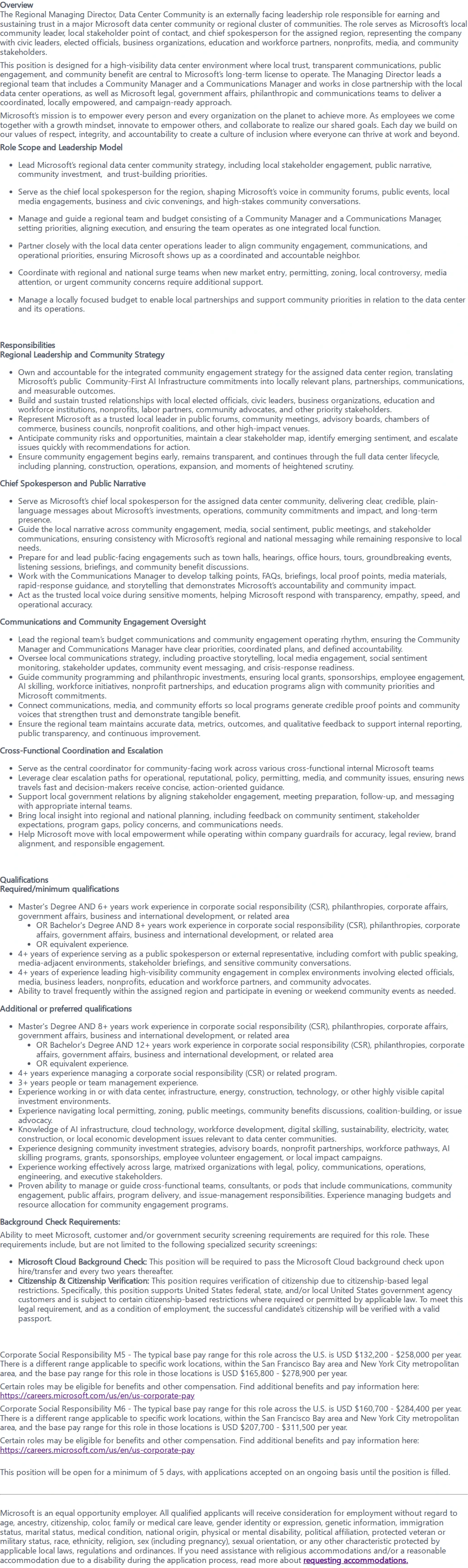 마이크로소프트(Microsoft) Regional Managing Director, Data Center Community, Pecos, TX 채용공고