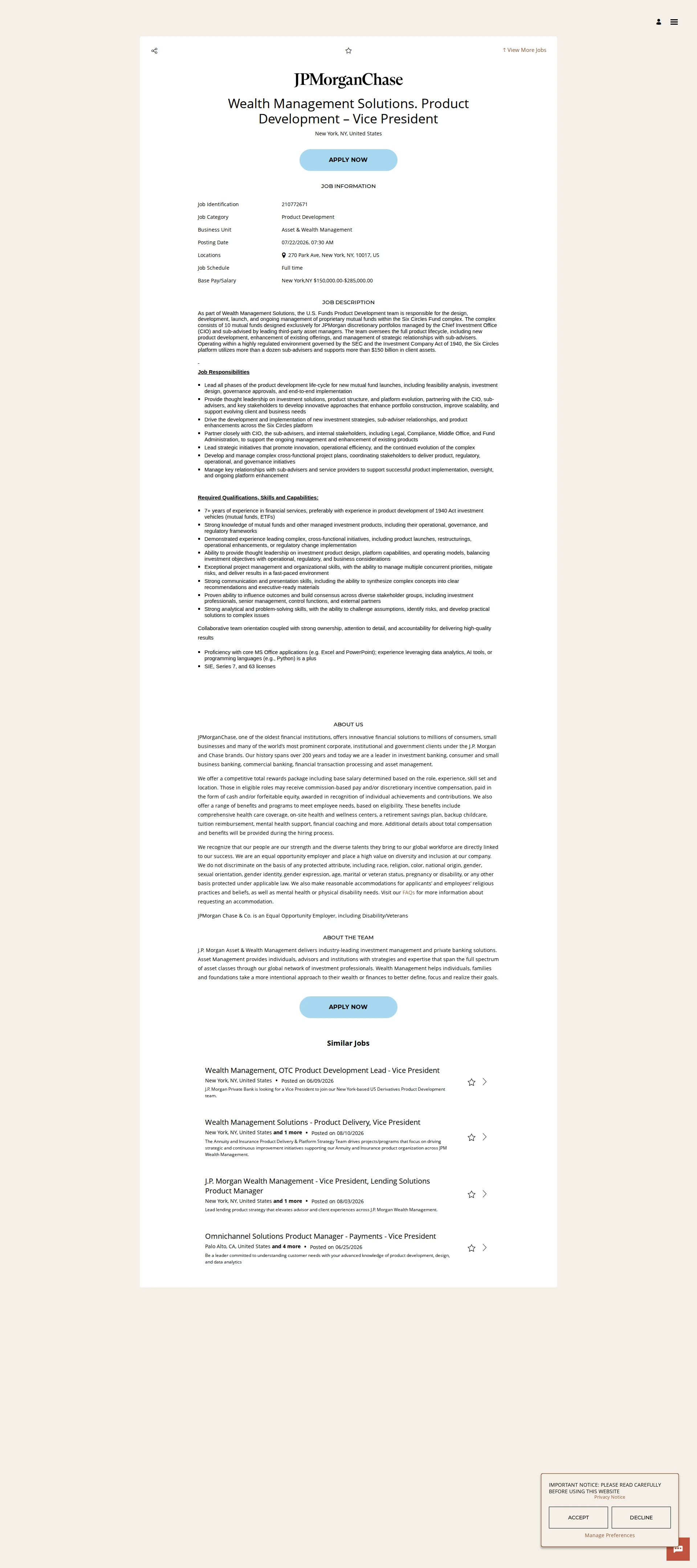 JPMorganChase Wealth Management Solutions. Product Development – Vice President 채용공고