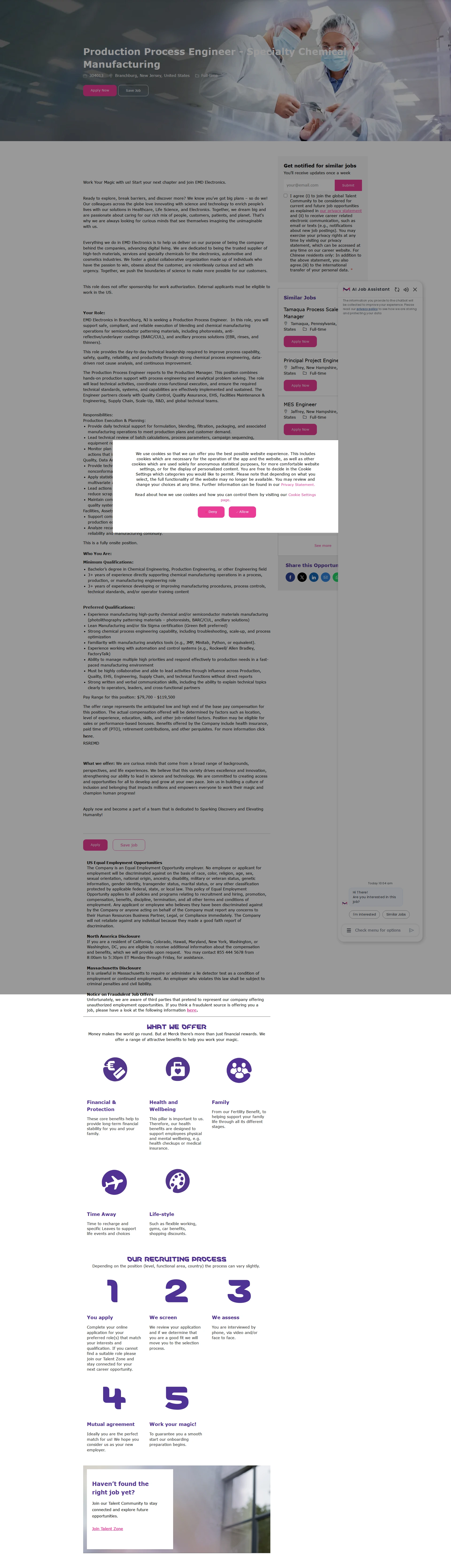 머크 Production Process Engineer - Specialty Chemical Manufacturing 채용공고