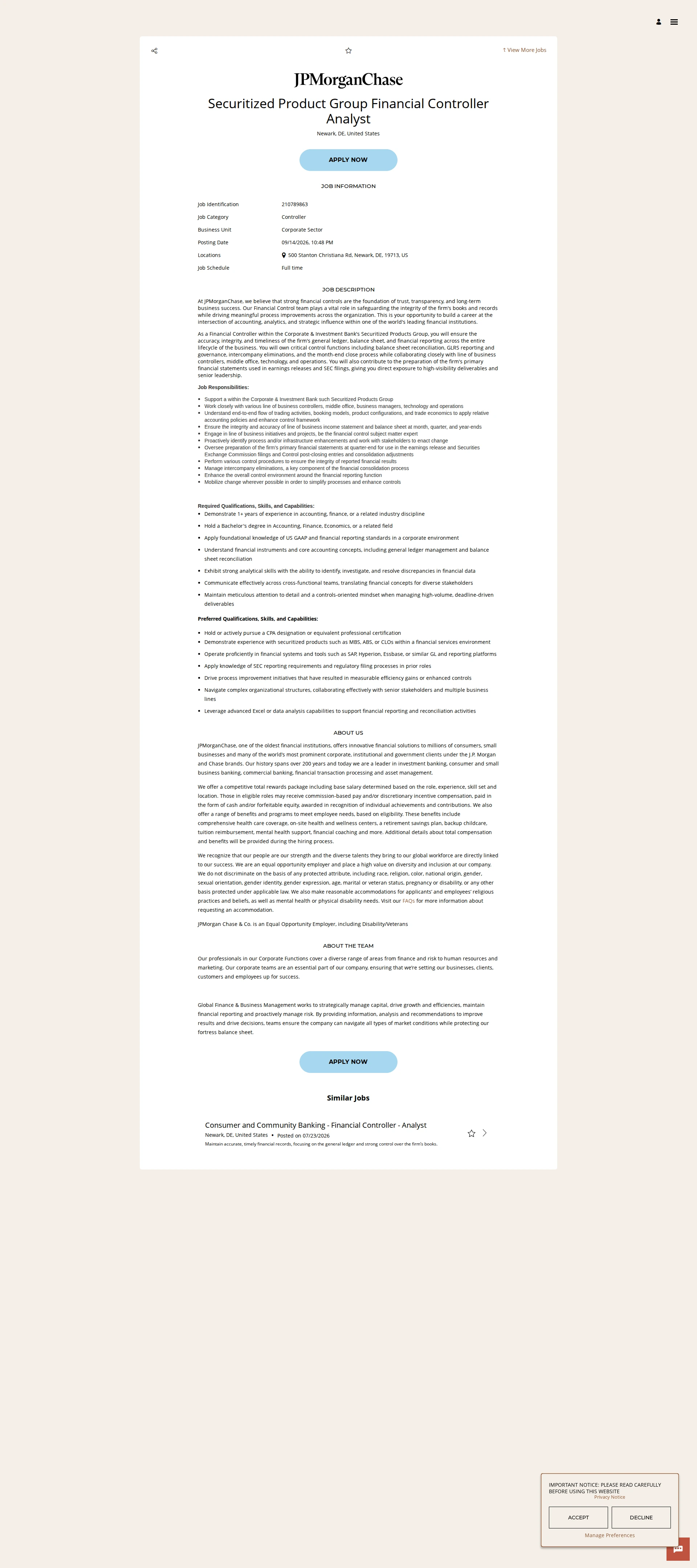 JPMorganChase Securitized Product Group Financial Controller Analyst 채용공고