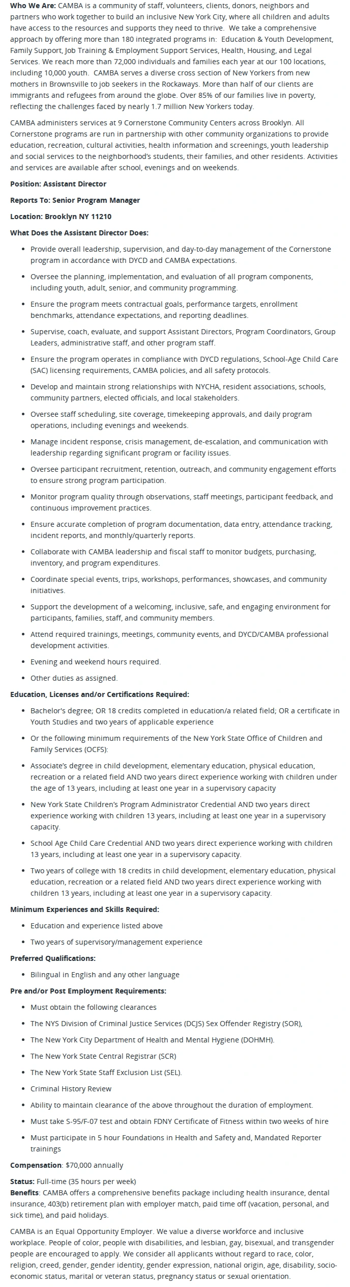 CAMBA Program Director, Beacon Community Center (PS361) 채용공고