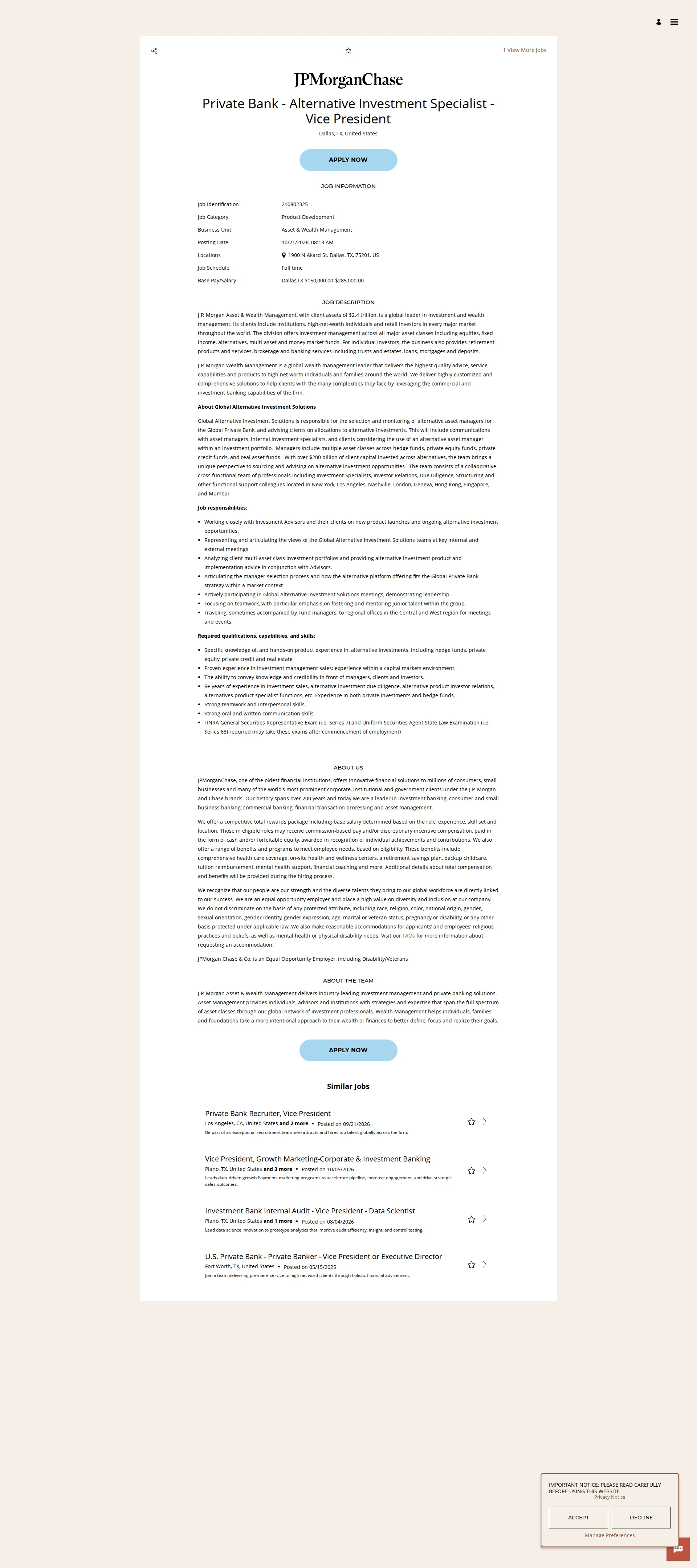 JPMorganChase Private Bank - Alternative Investment Specialist - Vice President 채용공고