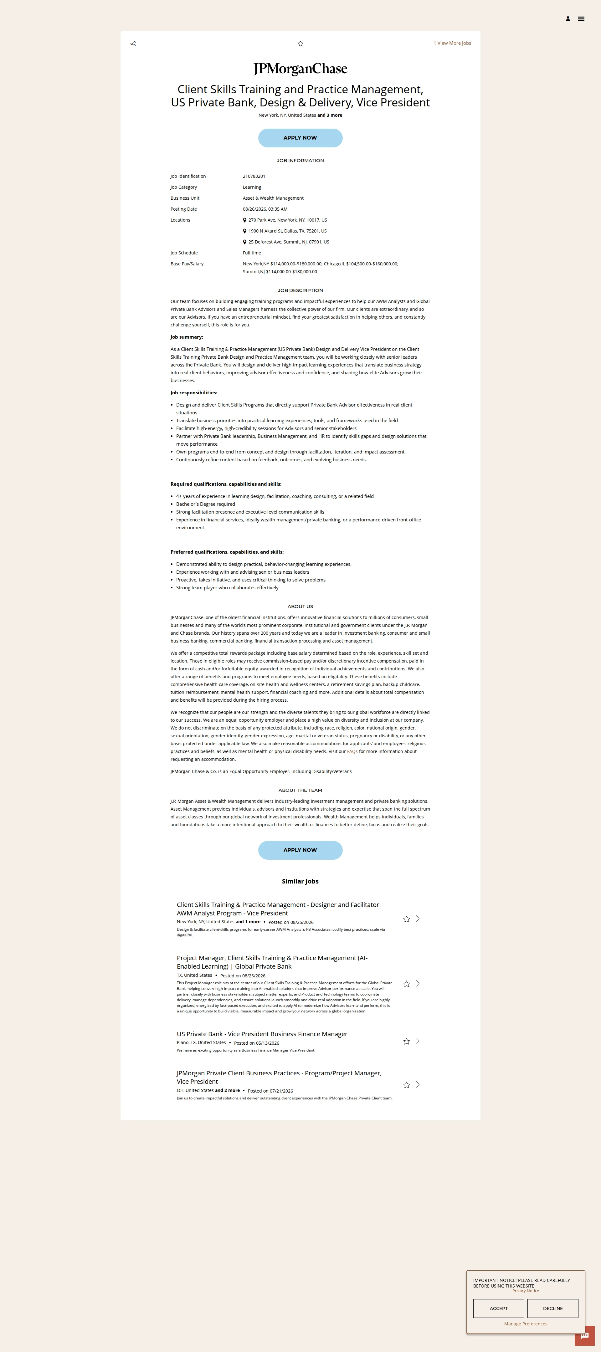 JPMorganChase Client Skills Training and Practice Management, US Private Bank, Design & Delivery, Vice President 채용공고
