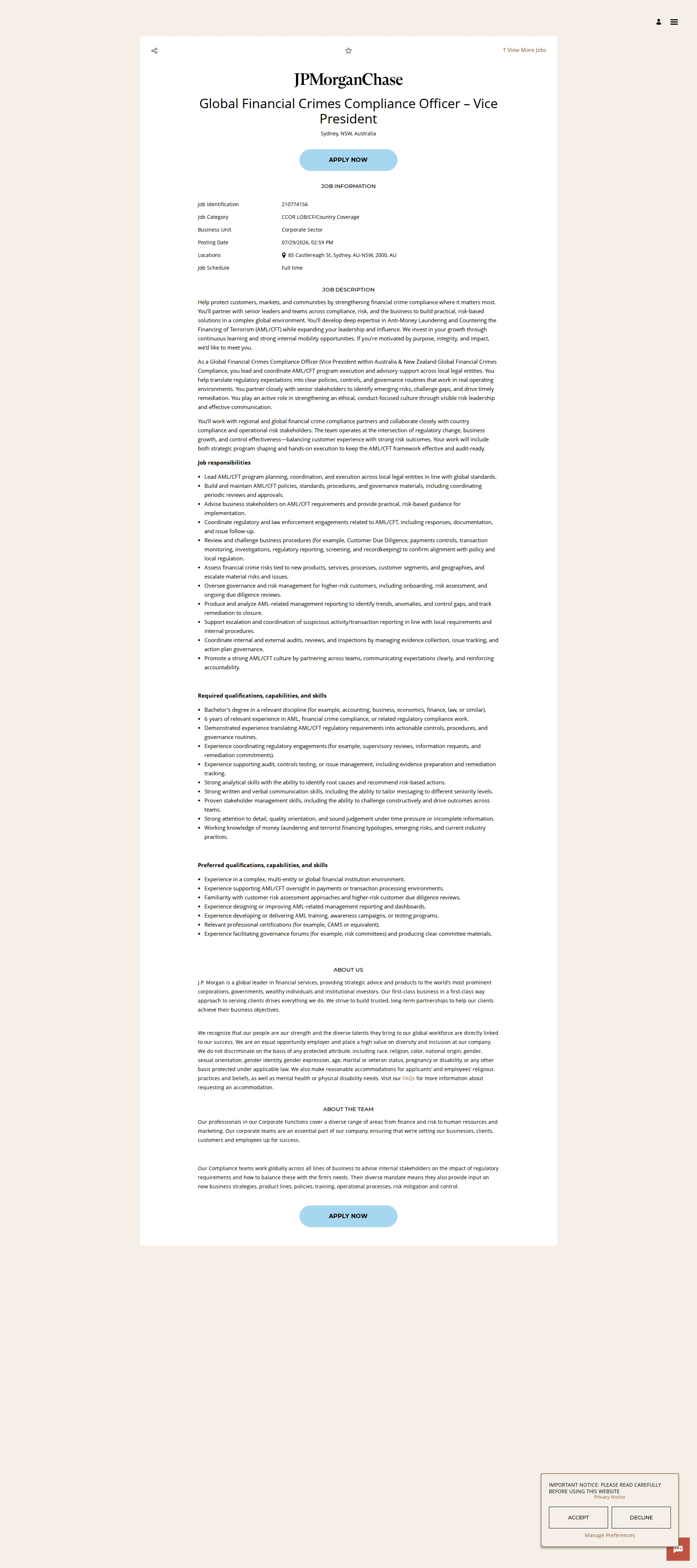 JPMorganChase Global Financial Crimes Compliance Officer – Vice President 채용공고