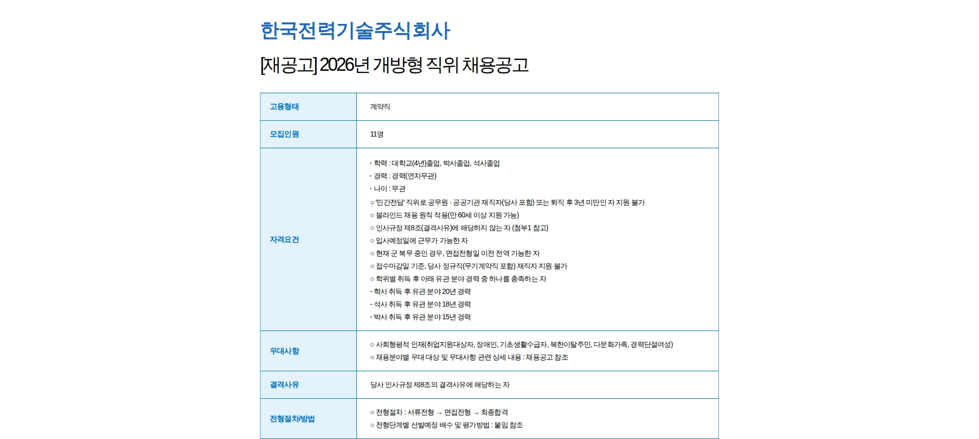 한국전력기술 [재공고] 2026년 개방형 직위 채용공고 채용공고