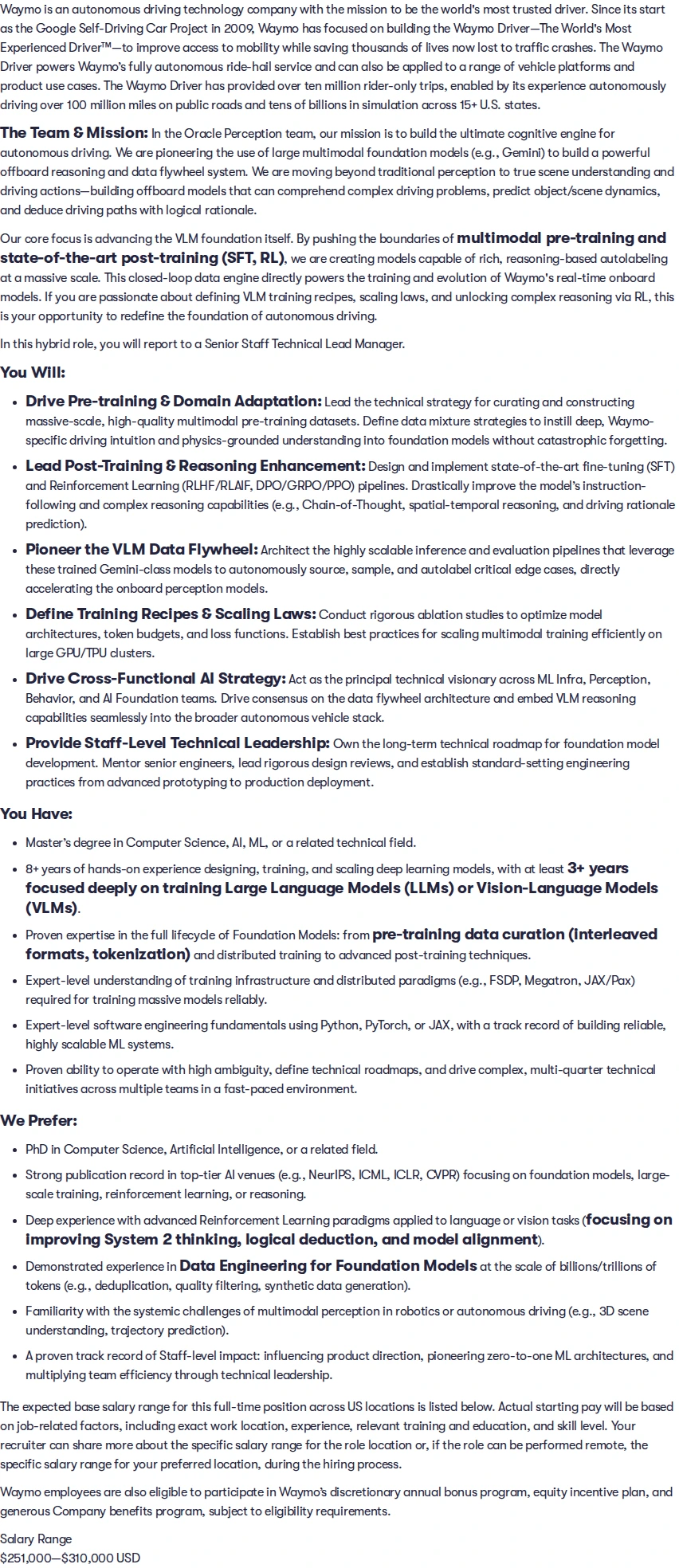 웨이모 Staff Machine Learning Engineer - Vision-Language Foundation Models 채용공고