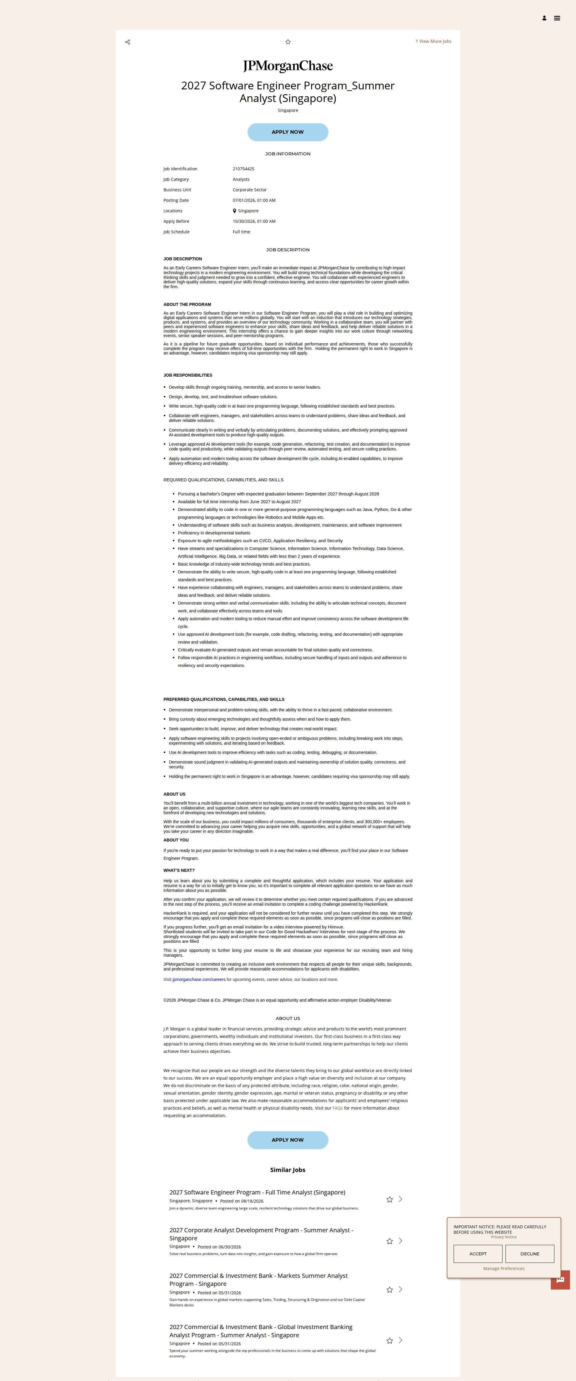 JPMorganChase 2027 Software Engineer Program_Summer Analyst (Singapore) 채용공고