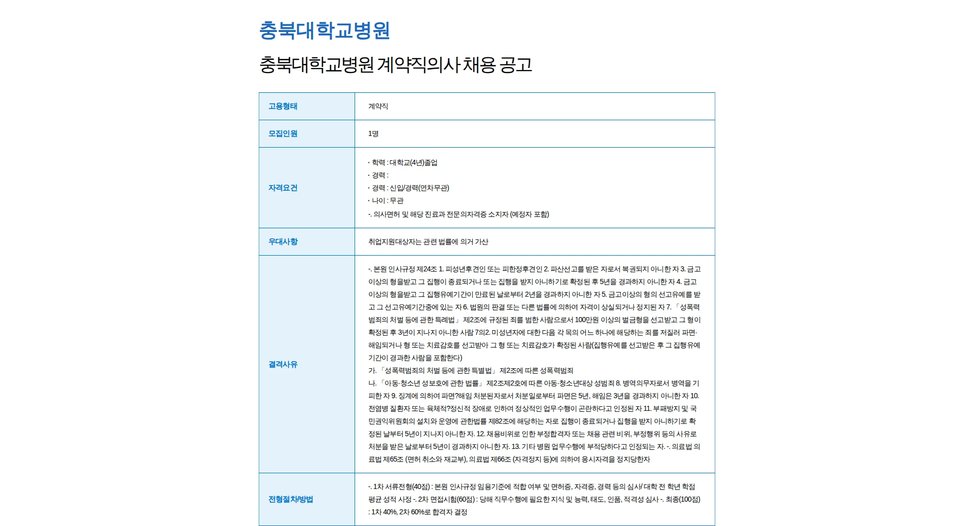 충북대학교병원 충북대학교병원 계약직의사 채용 공고 채용공고