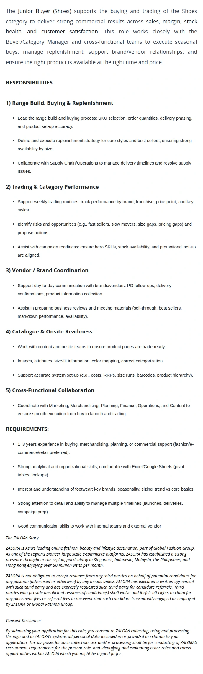 ZALORA SOUTH EAST ASIA PTE LTD Junior Fashion/ Retail Buyer 채용공고