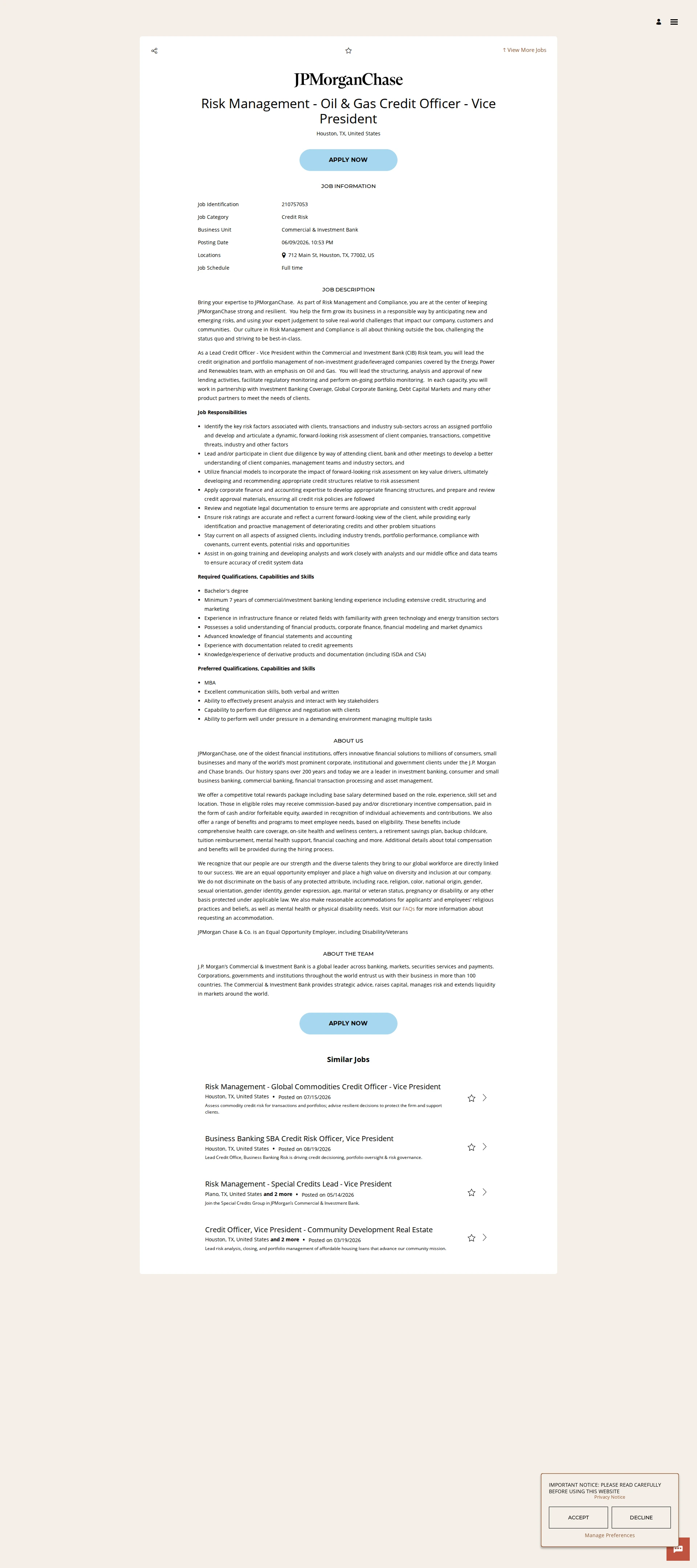 JPMorganChase Risk Management - Oil & Gas Credit Officer - Vice President 채용공고
