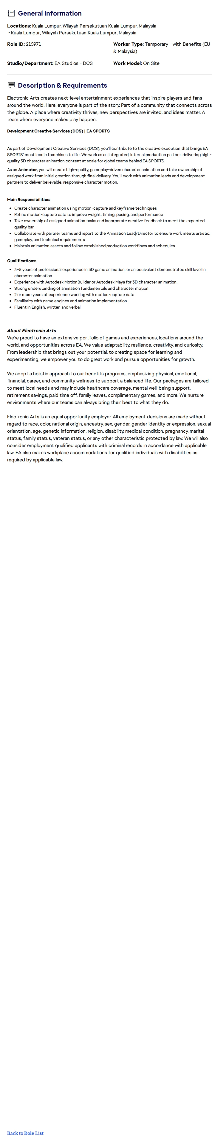 ElectronicArts Animator I 채용공고