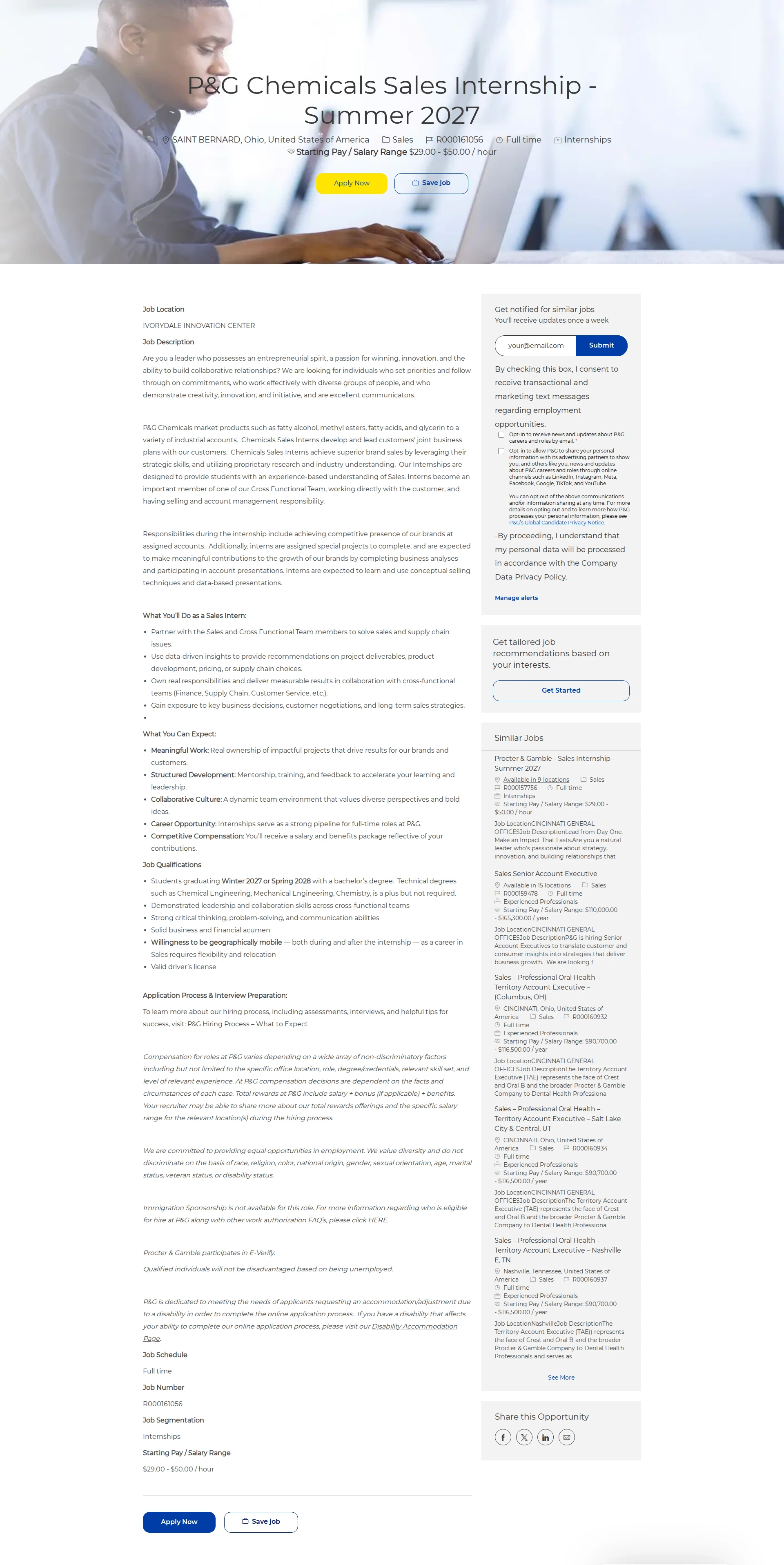 P&G P&G Chemicals Sales Internship - Summer 2027 채용공고