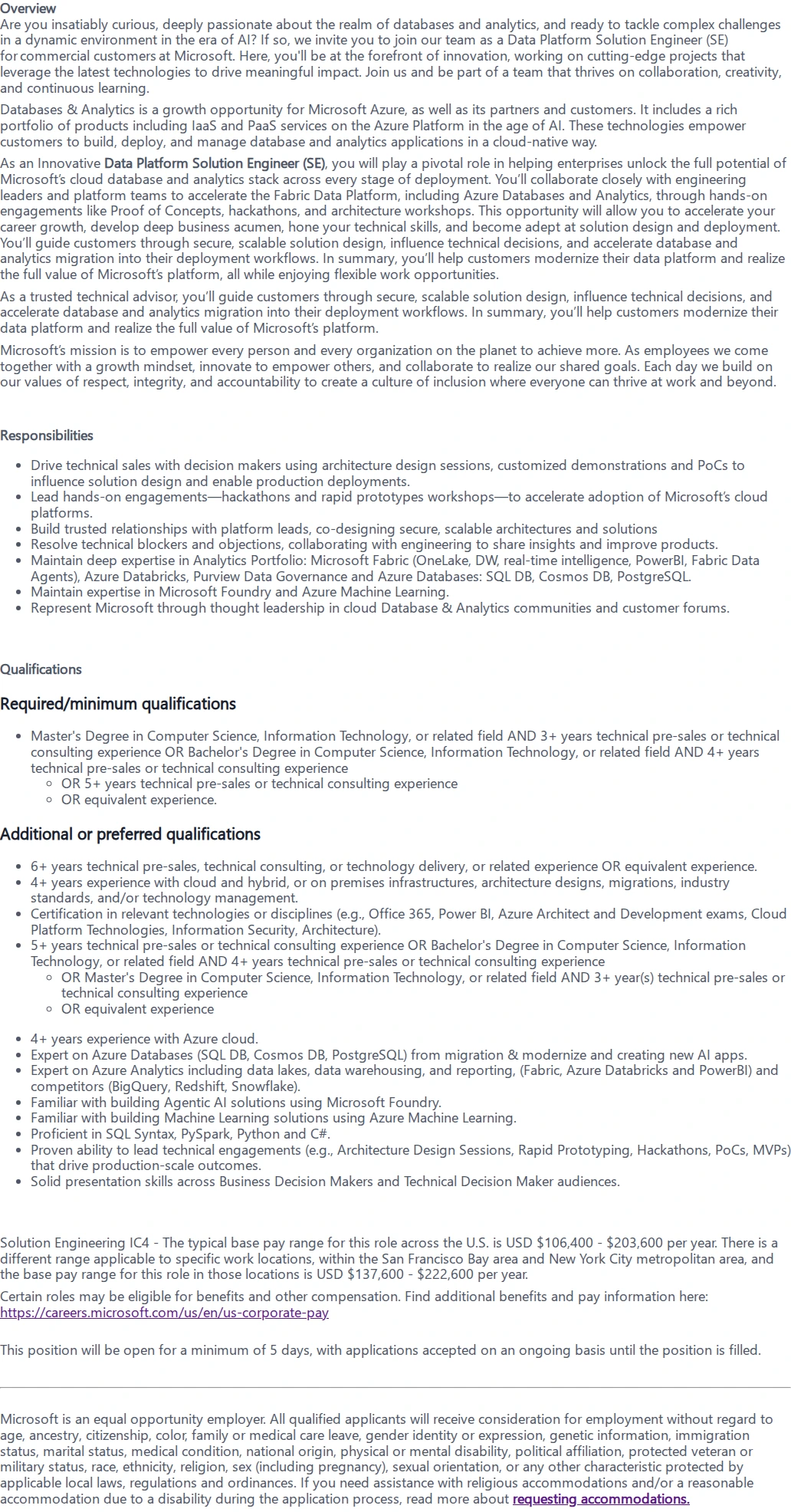마이크로소프트(Microsoft) Data Platform Solution Engineer 채용공고