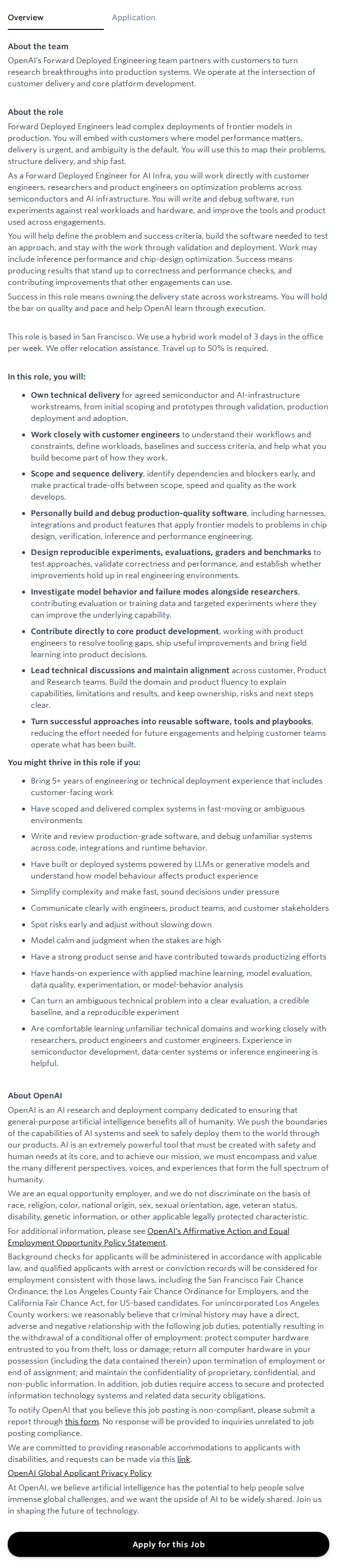 오픈에이아이(OpenAI) Forward Deployed Engineer (FDE) - AI Infra - SF 채용공고