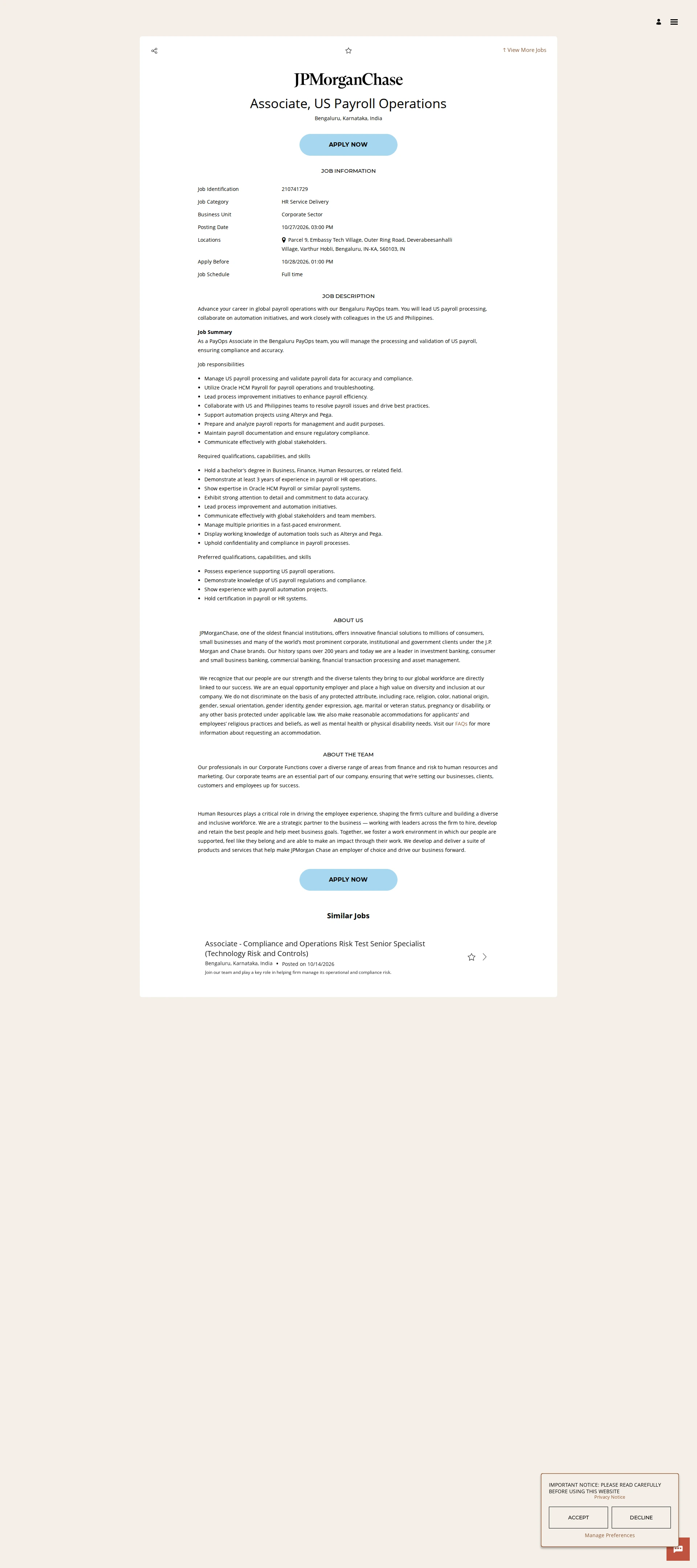 JPMorganChase Associate, US Payroll Operations 채용공고