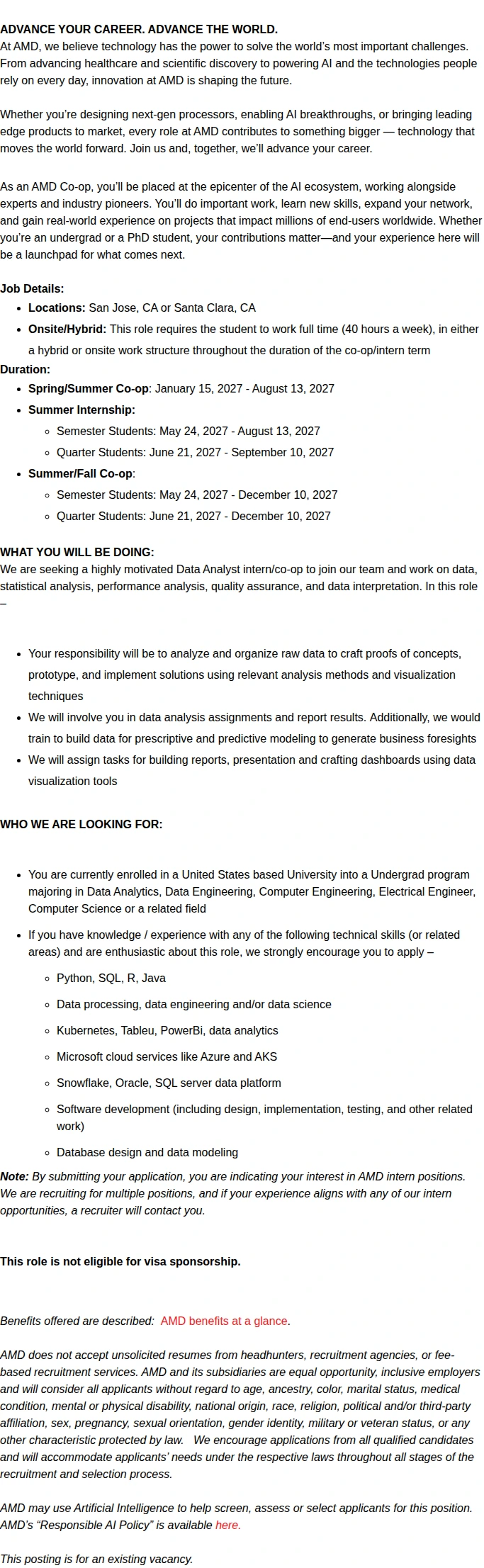 AMD 2027 Undergrad Data Analyst Intern/co-op 채용공고