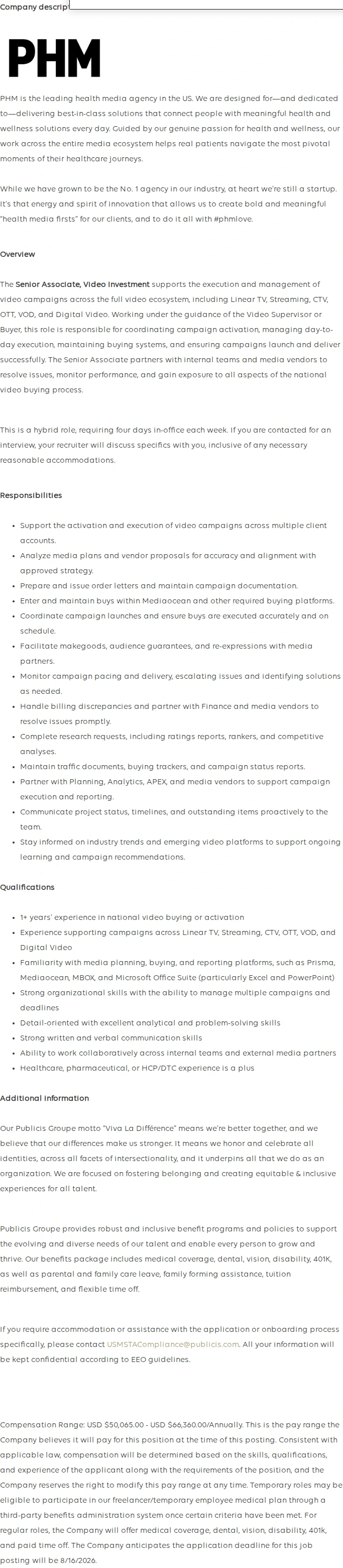 Publicis Groupe Senior Associate, Video Investment 채용공고