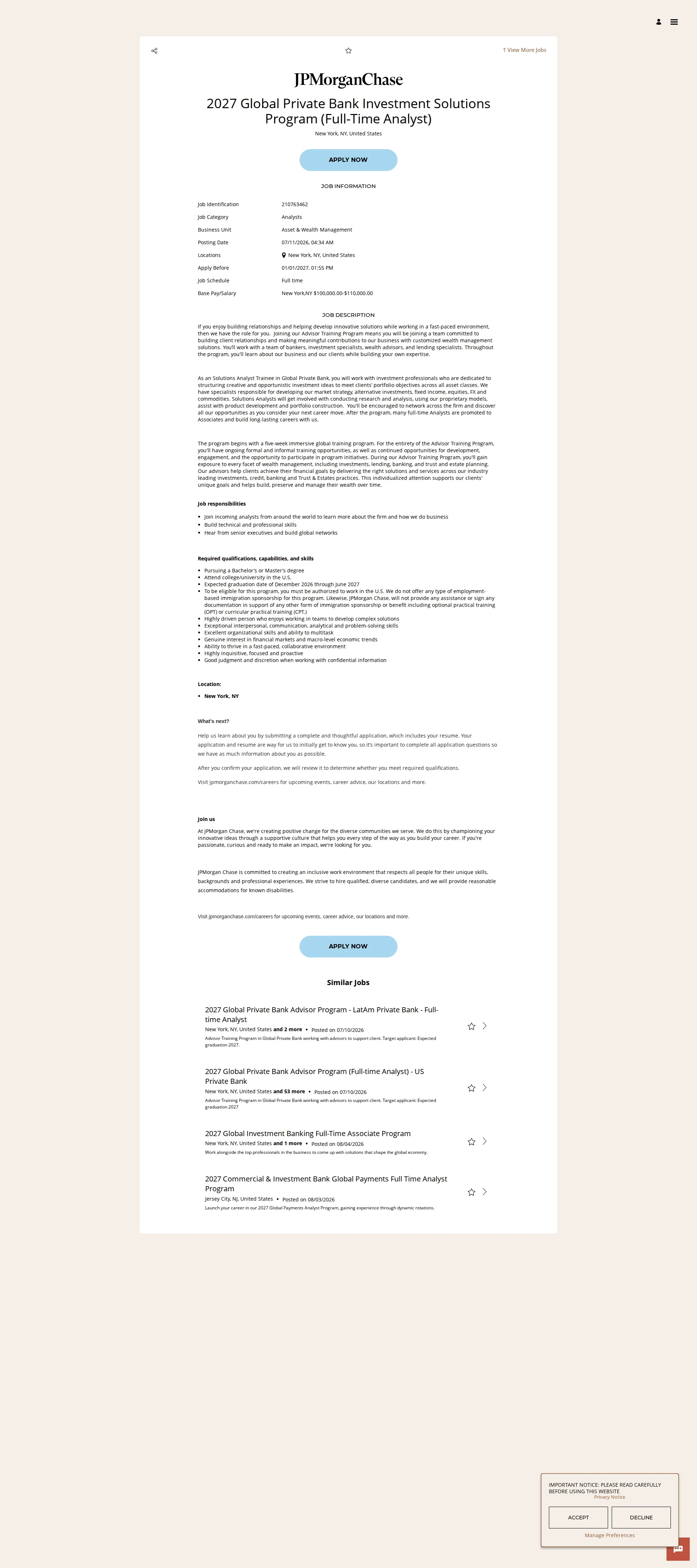JPMorganChase 2027 Global Private Bank Investment Solutions Program (Full-Time Analyst) 채용공고