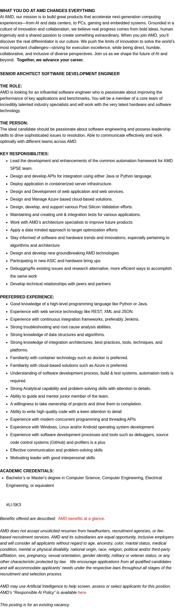 AMD SENIOR ARCHITECT SOFTWARE DEVELOPMENT ENGINEER 채용공고