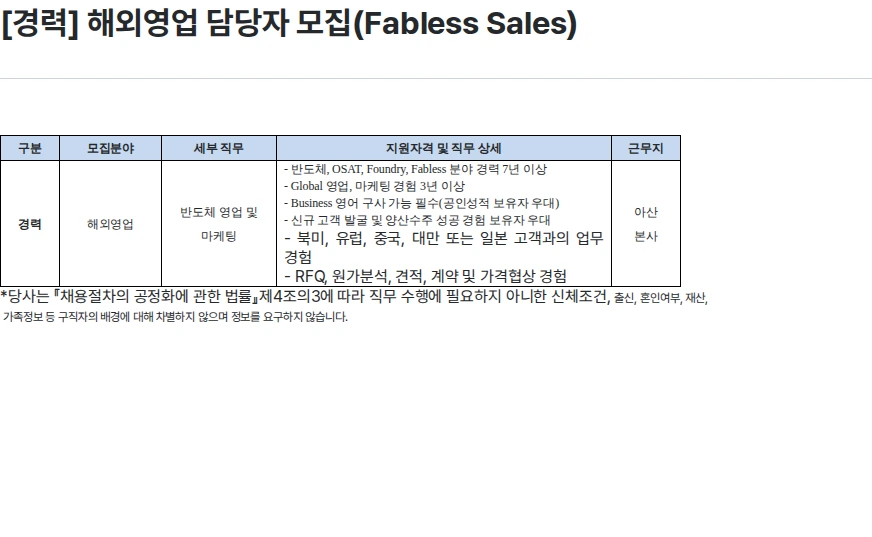 하나마이크론 [경력] 해외영업 담당자 모집(Fabless Sales) 채용공고