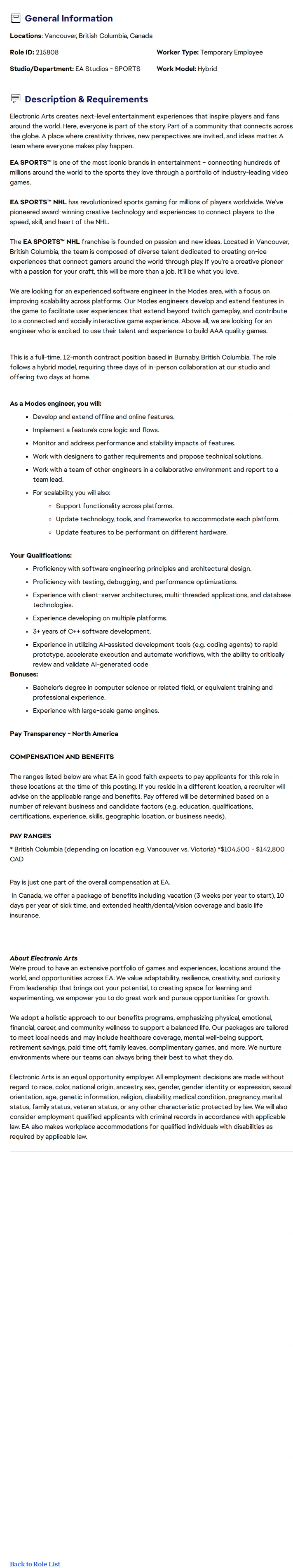 ElectronicArts Game Modes Software Engineer - EA SPORTS™ NHL 채용공고