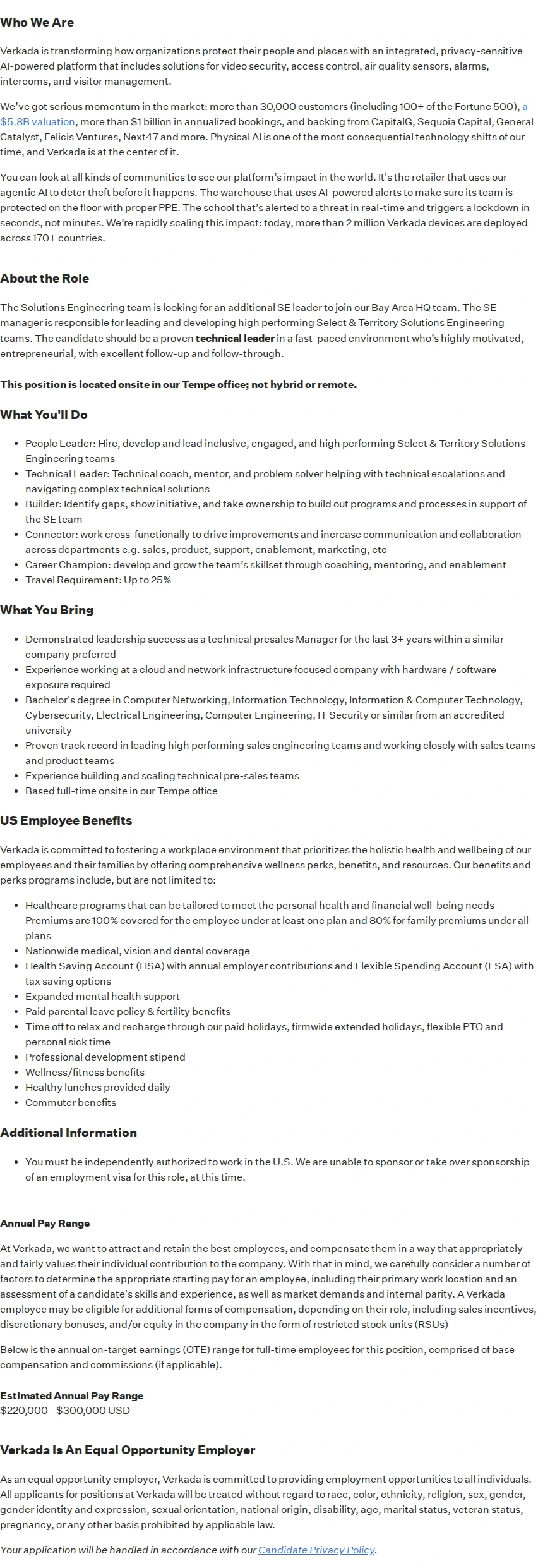 버카다 Solutions Engineering Manager, Select & Territory 채용공고