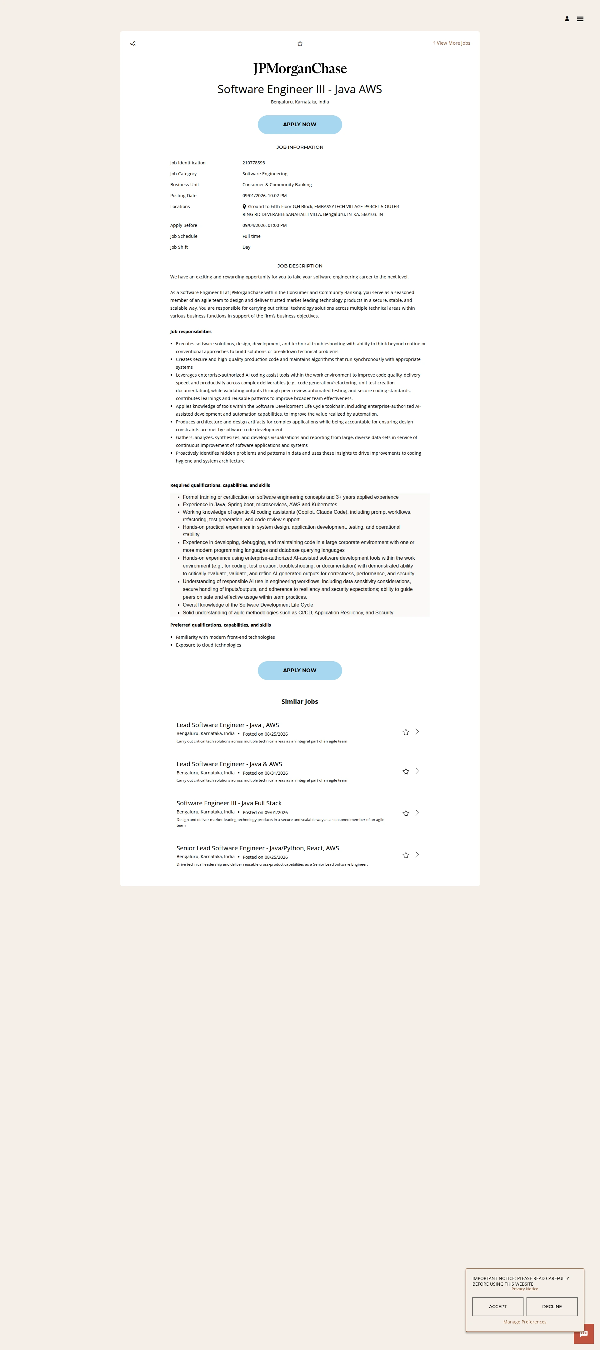 JPMorganChase Software Engineer III - Java AWS 채용공고