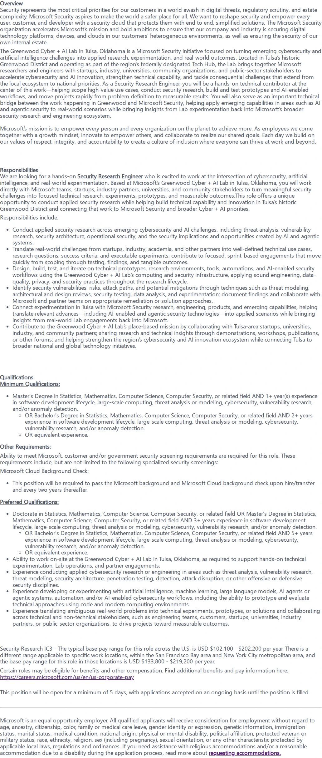 마이크로소프트(Microsoft) Security Research IC3 채용공고