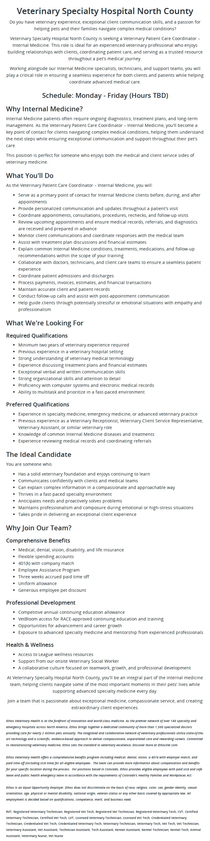 Ethos Veterinary Health Veterinary Patient Care Coordinator – Internal Medicine 채용공고