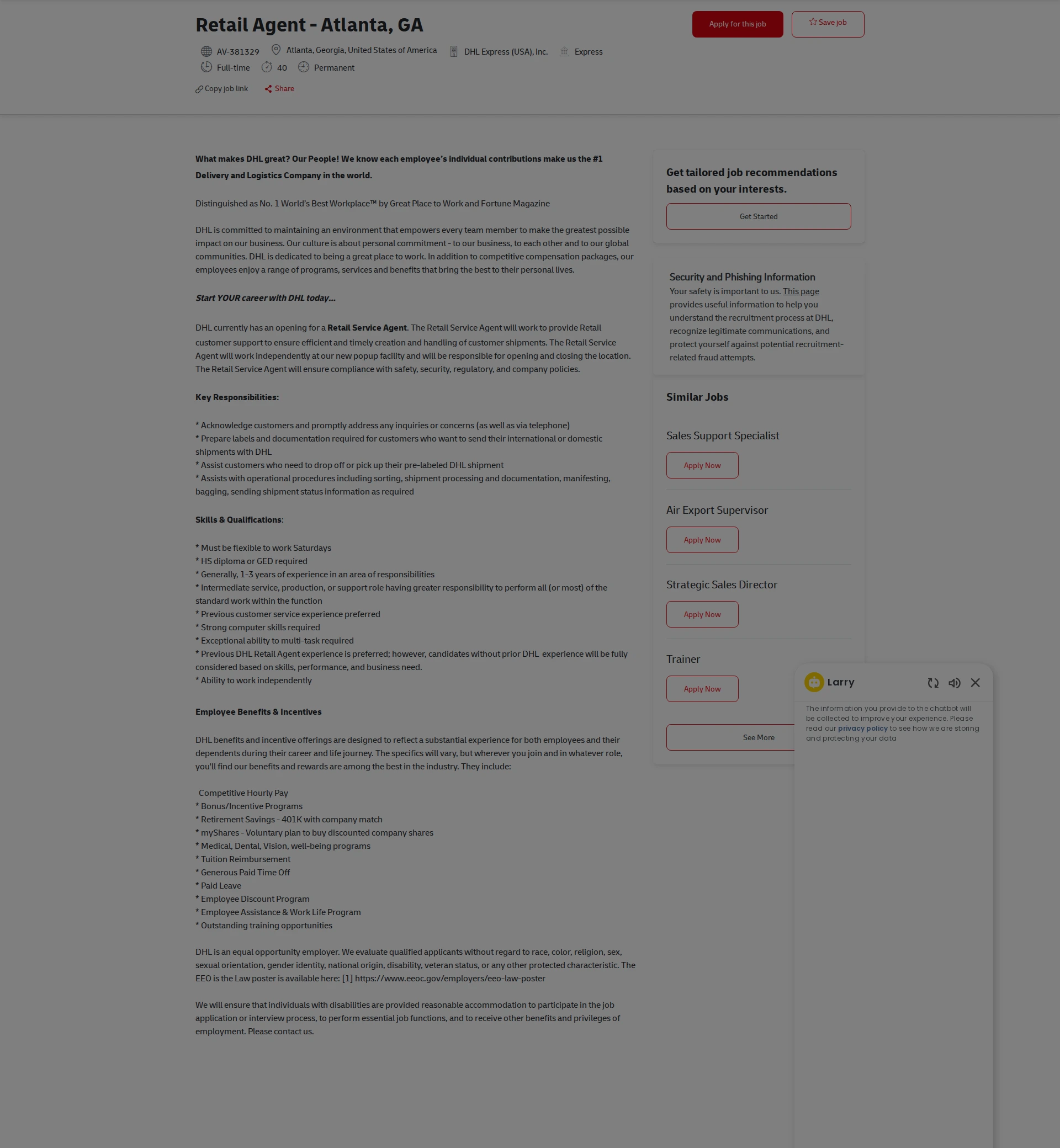 DHL Retail Agent - Atlanta, GA 채용공고