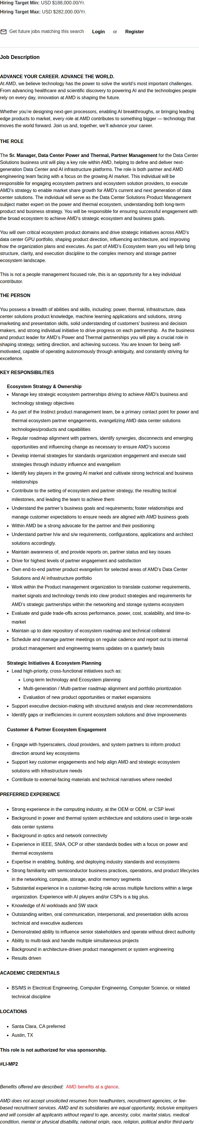 AMD Sr. Manager, Data Center Power and Thermal , Partner Management – Data Center Solutions Product Management 채용공고
