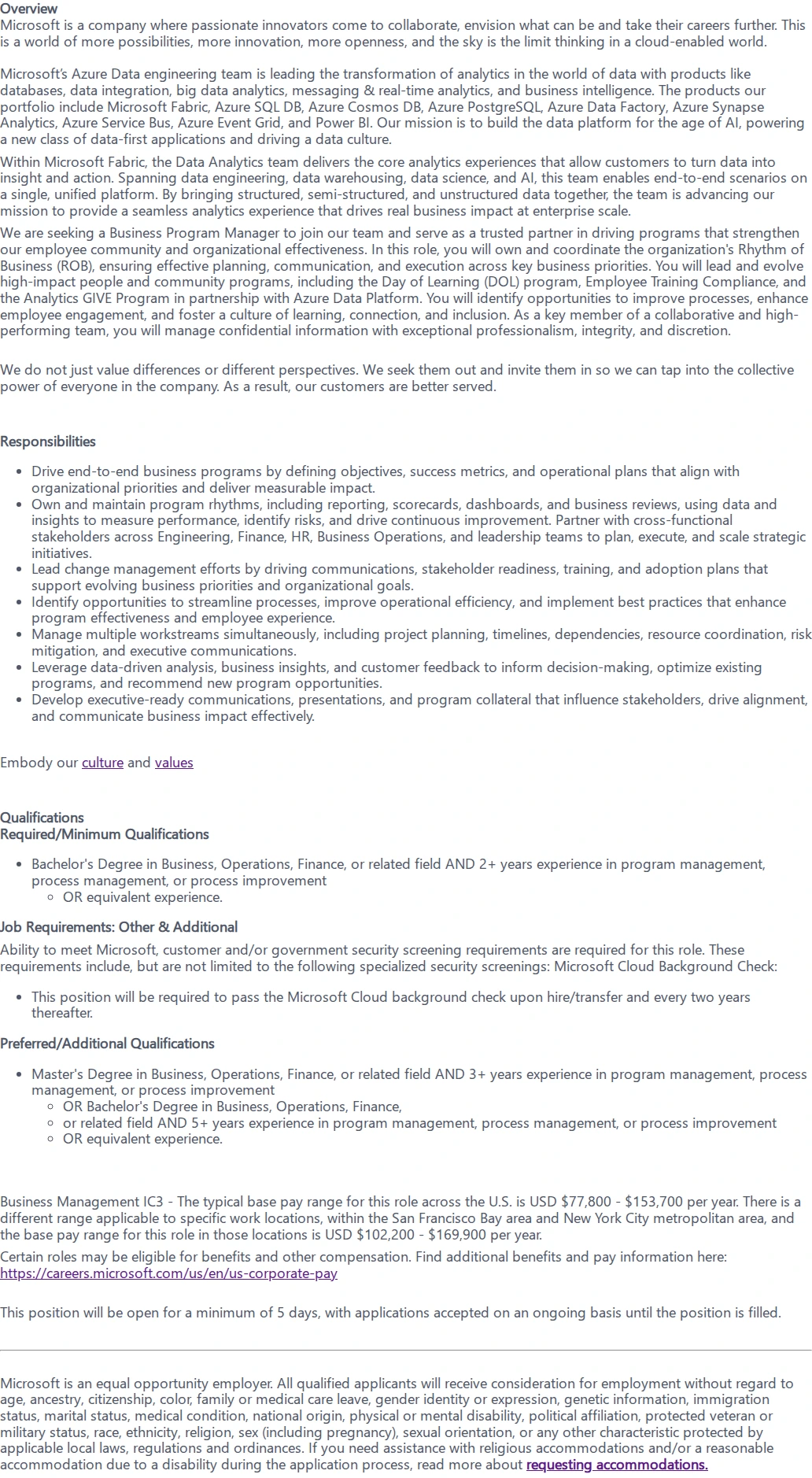 마이크로소프트(Microsoft) Business Program Manager 채용공고