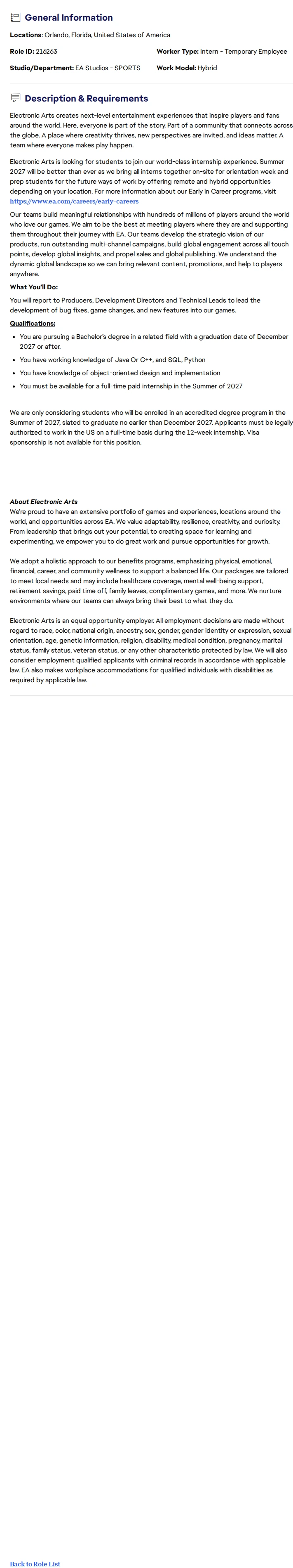 ElectronicArts Software Engineer Intern - SUMMER 2027 채용공고