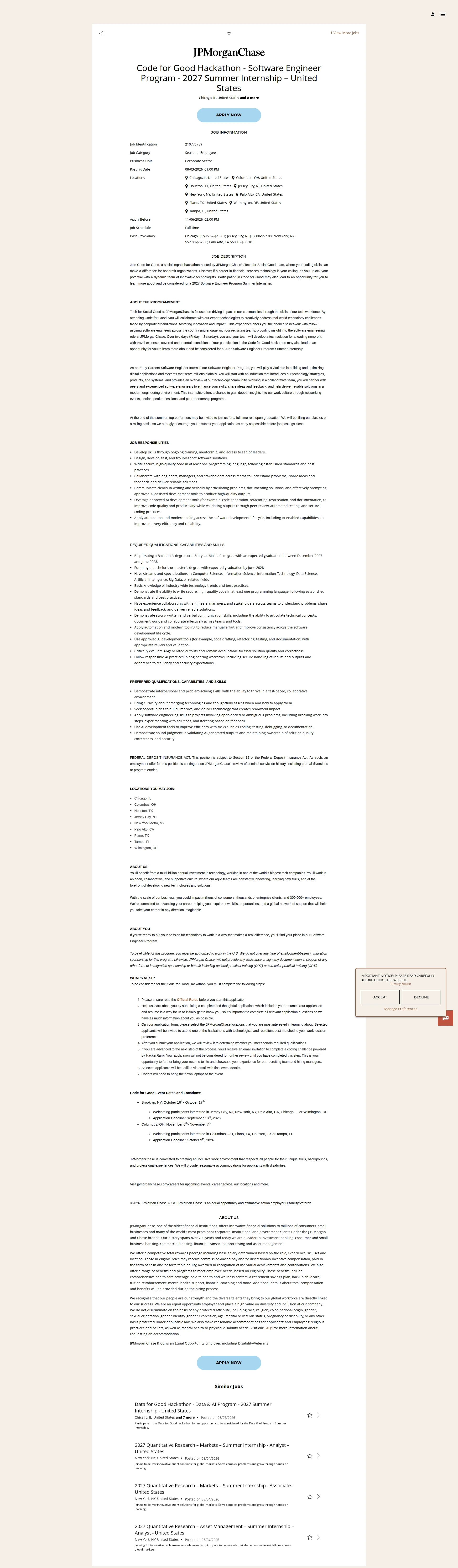 JPMorganChase Code for Good Hackathon - Software Engineer Program - 2027 Summer Internship – United States 채용공고