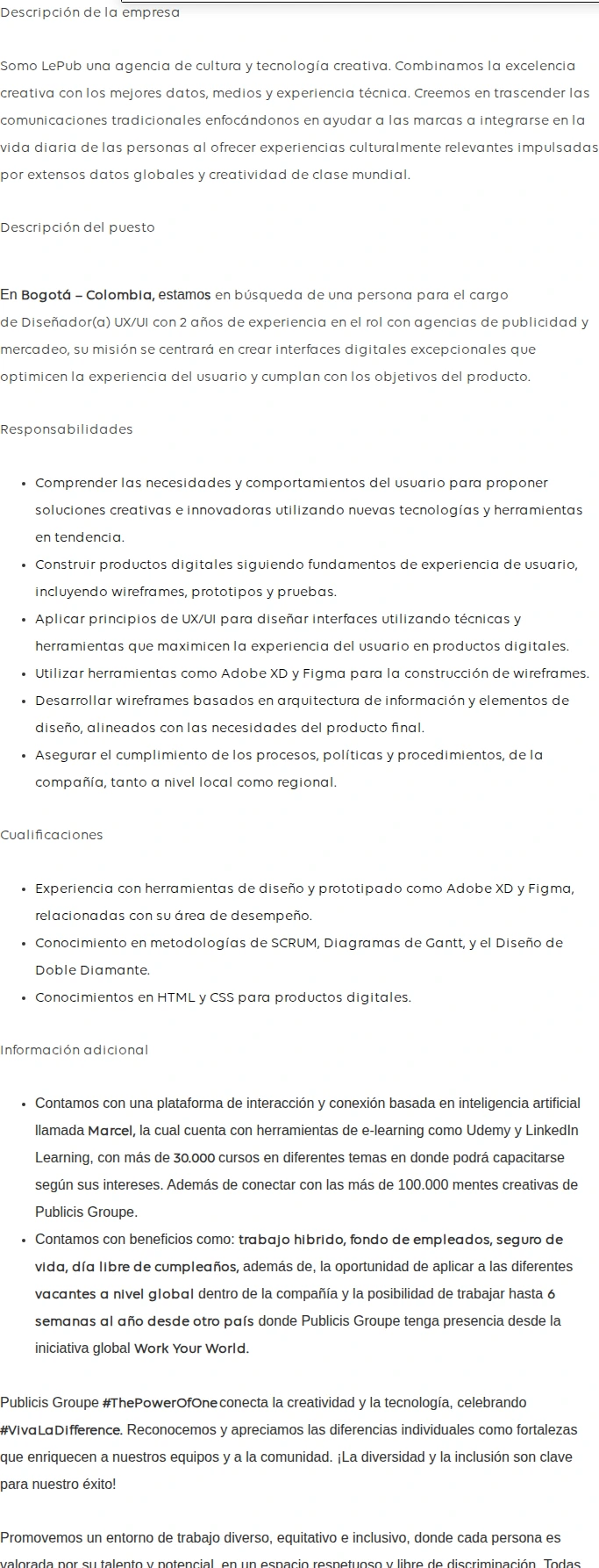 Publicis Groupe Diseñador(a) UX/UI 채용공고