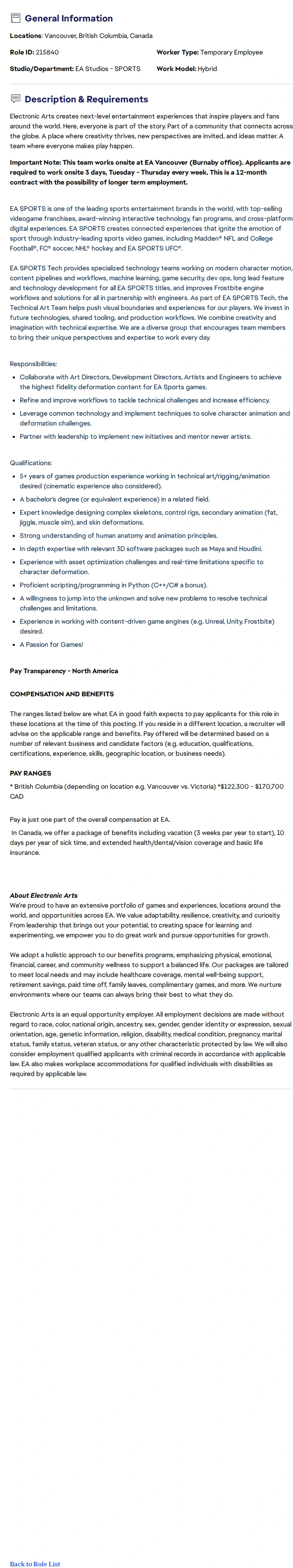 ElectronicArts Senior Technical Artist (Rigging) - EA SPORTS Technology 채용공고