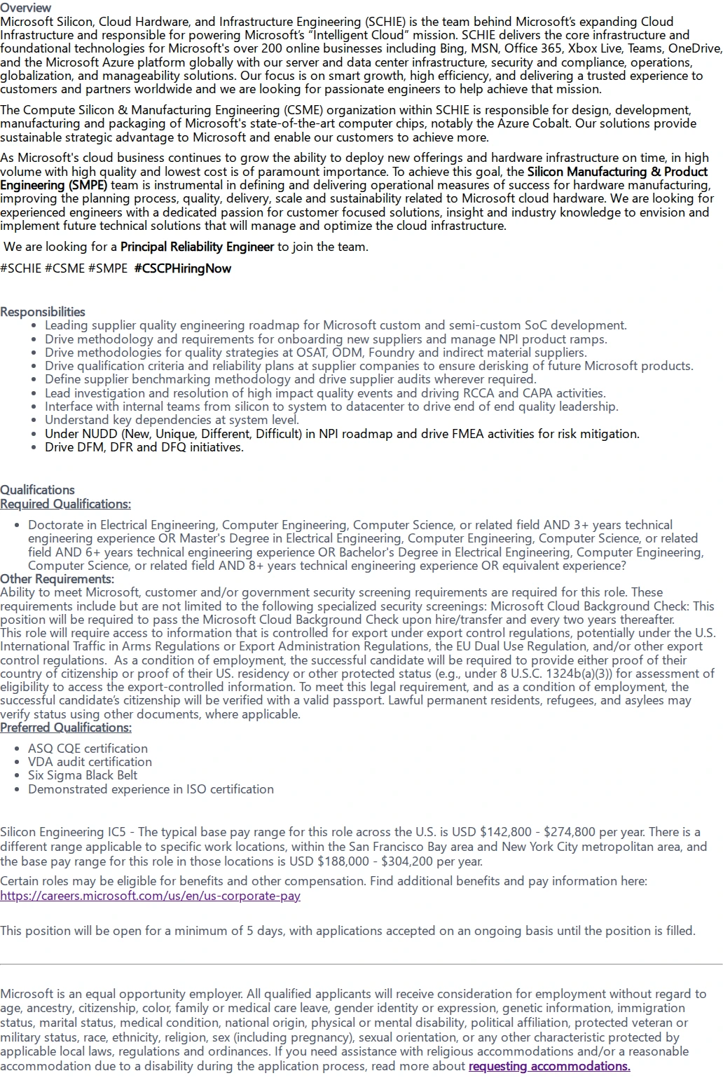마이크로소프트(Microsoft) Principal Reliability Engineer 채용공고