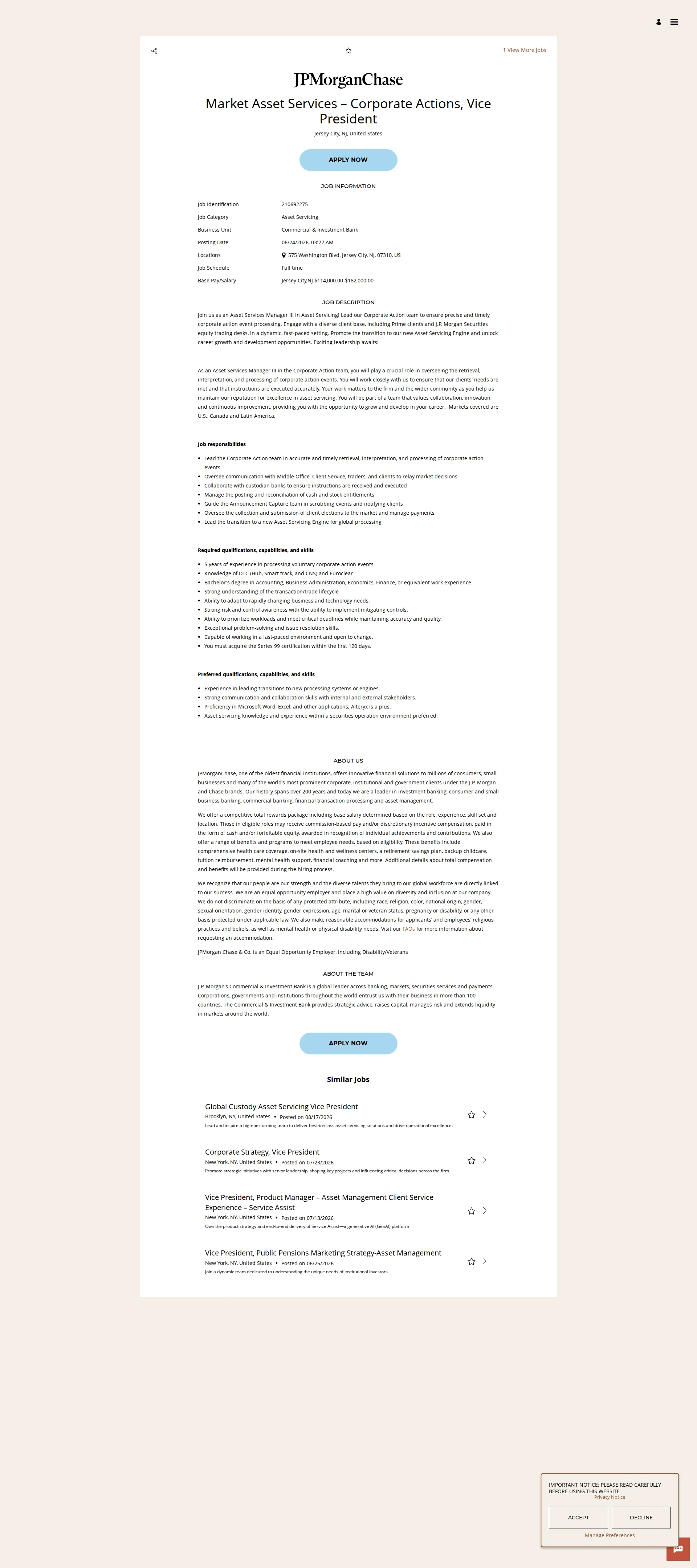 JPMorganChase Market Asset Services – Corporate Actions, Vice President 채용공고