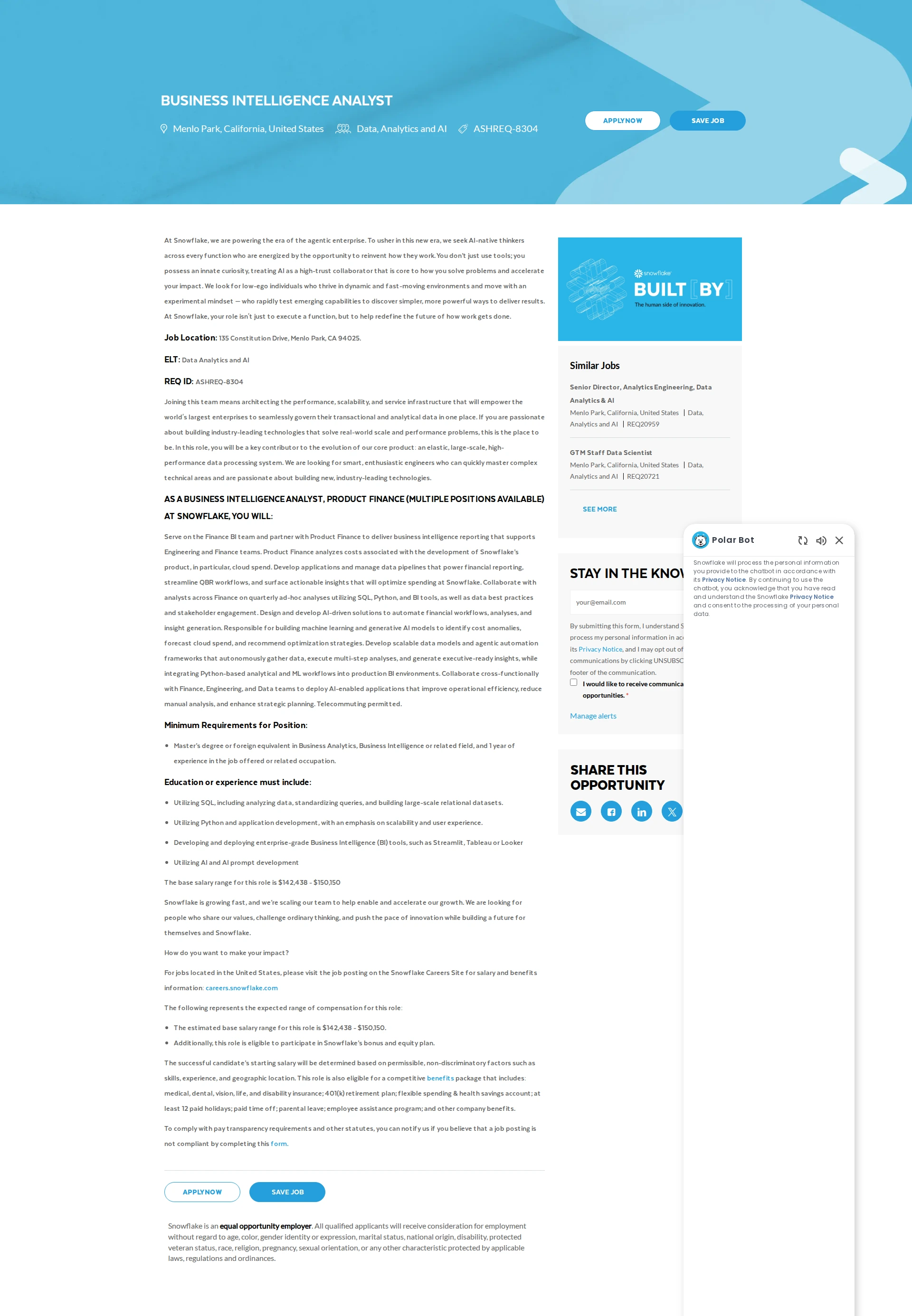 스노우플레이크 Business Intelligence Analyst 채용공고