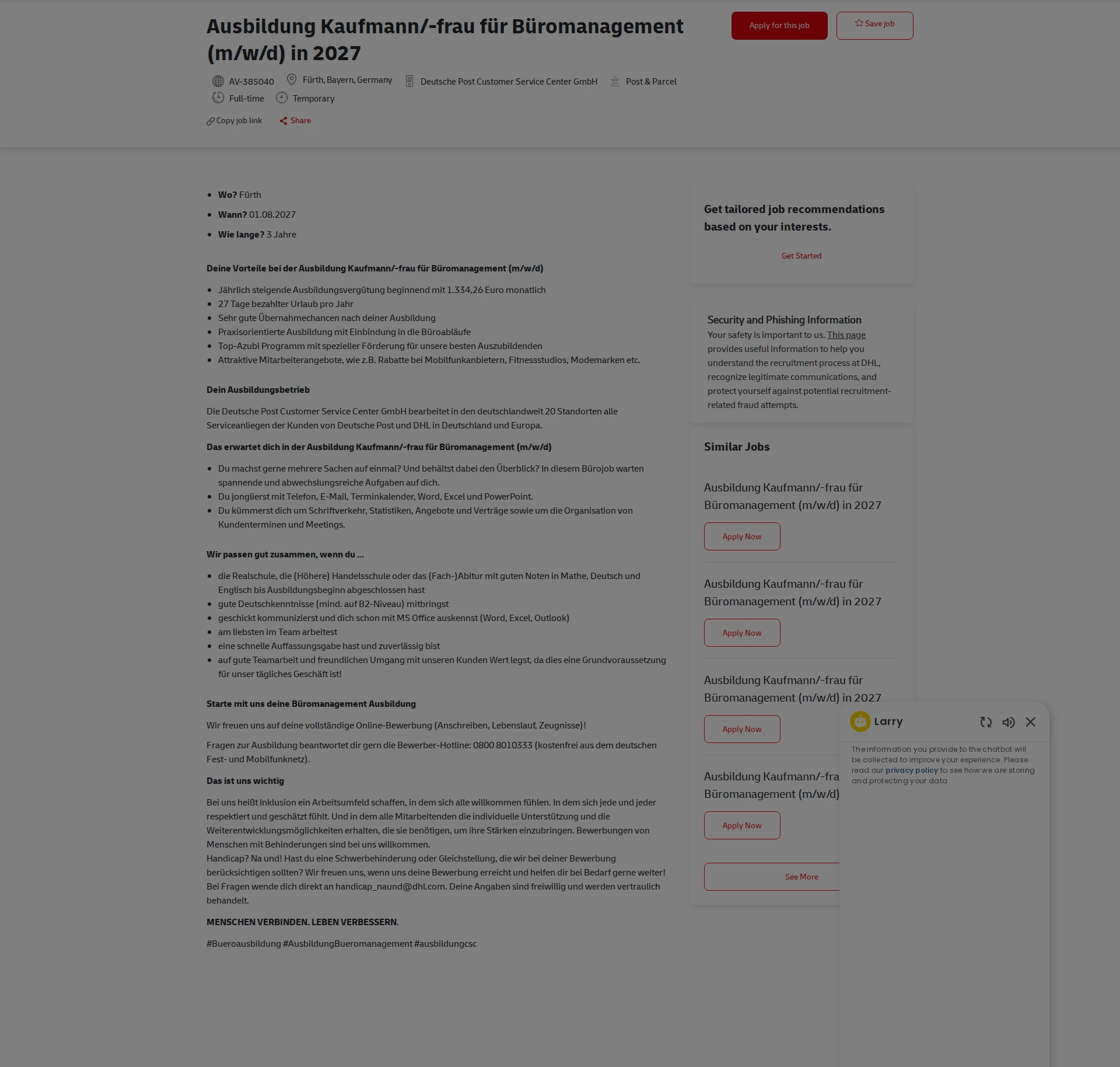 DHL Ausbildung Kaufmann/-frau für Büromanagement (m/w/d) in 2027 채용공고