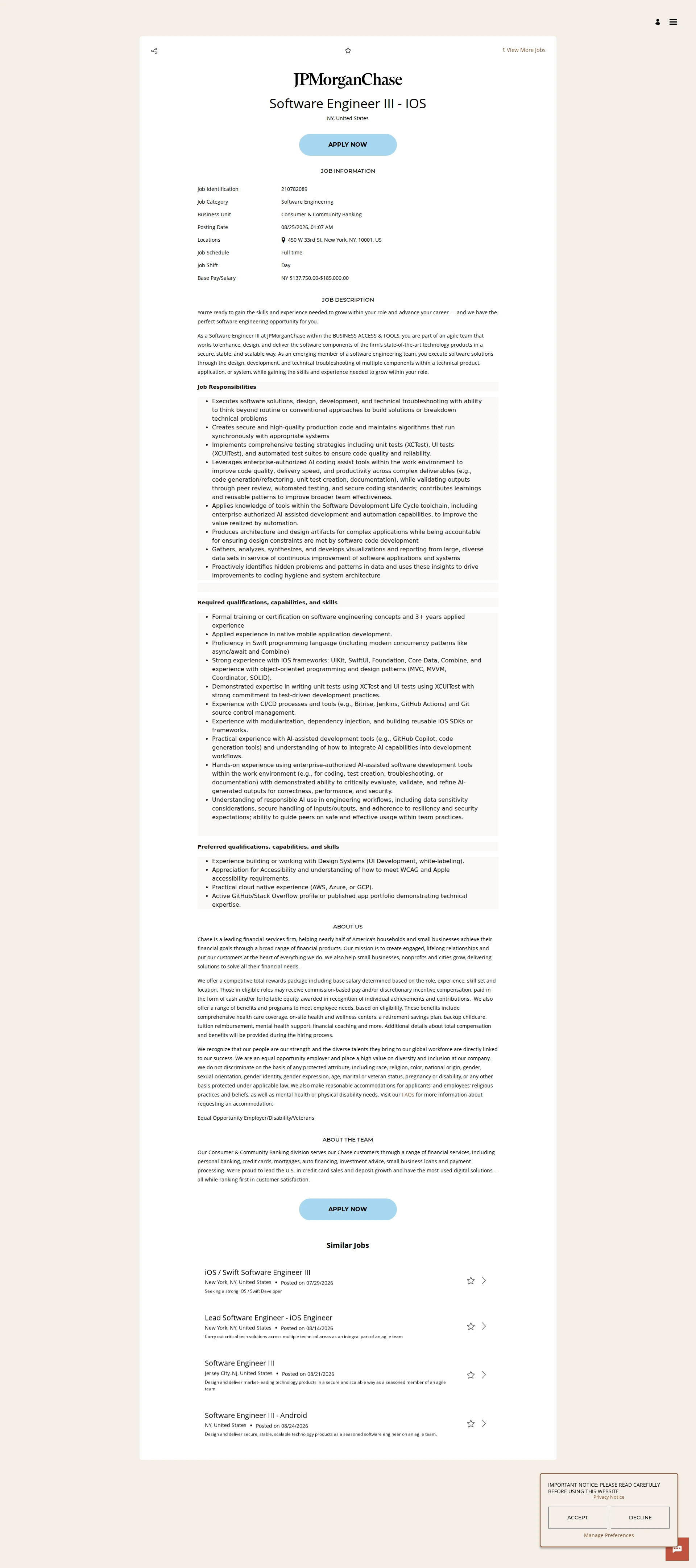 JPMorganChase Software Engineer III - IOS 채용공고
