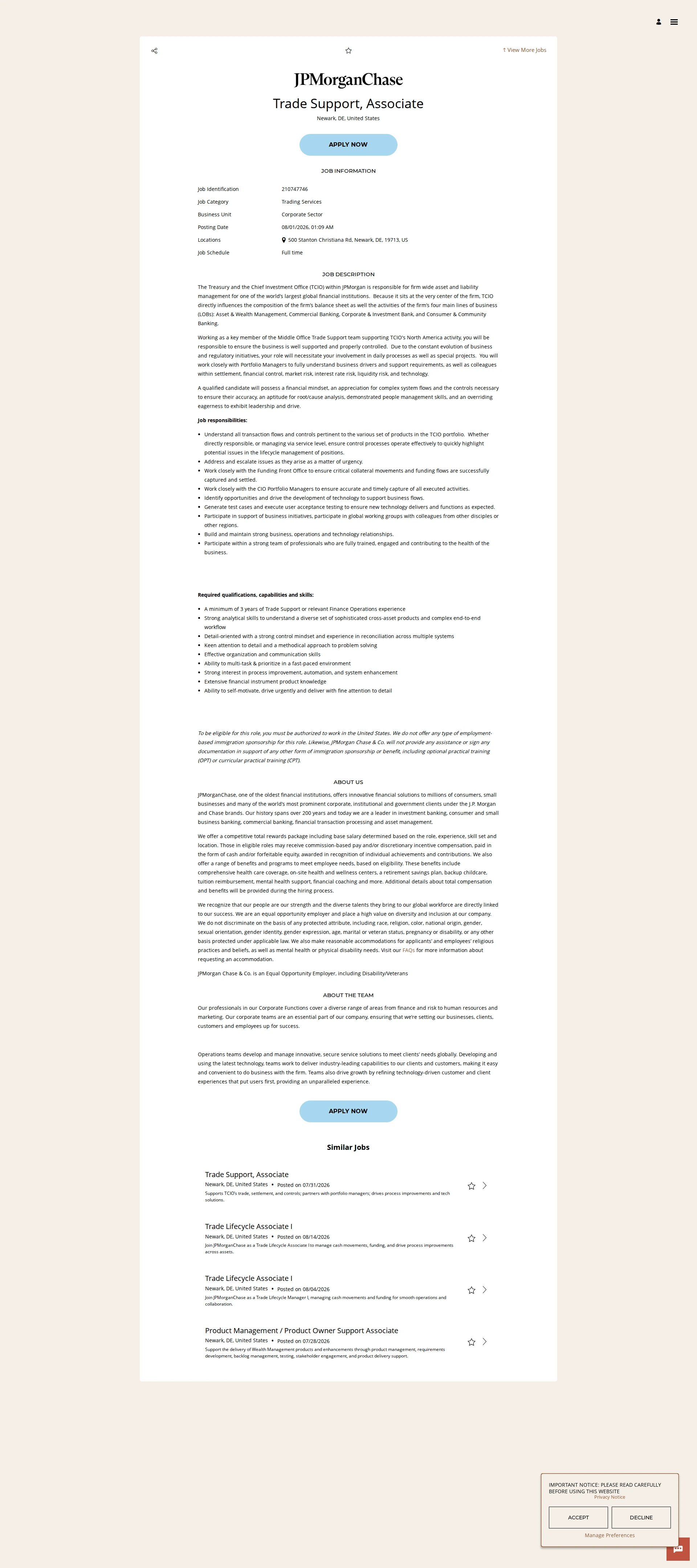 JPMorganChase Trade Support, Associate 채용공고