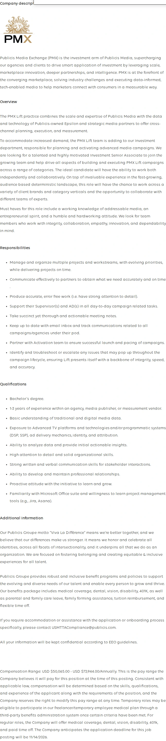 Publicis Groupe Senior Associate, Investment, PMX Lift 채용공고