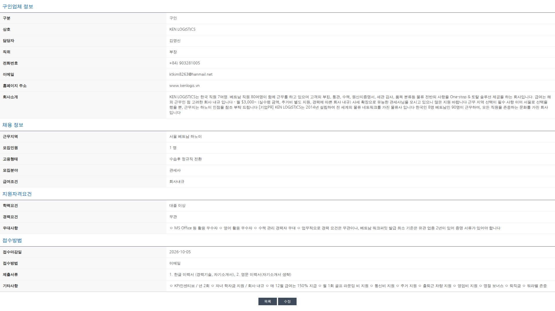 한국관세사회 [KEN LOGISTICS] 관세사 채용 공고 / 하노이 사무소 근무 채용공고