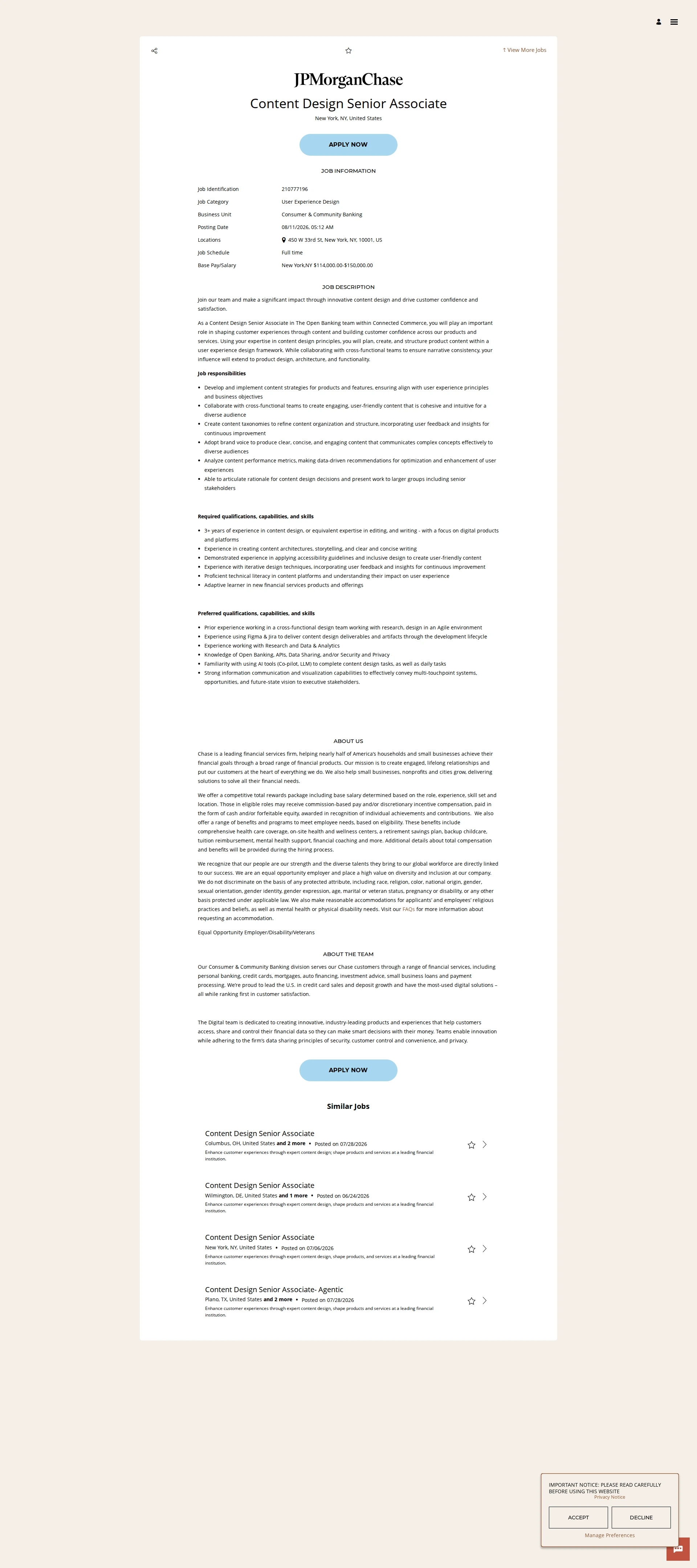 JPMorganChase Content Design Senior Associate 채용공고